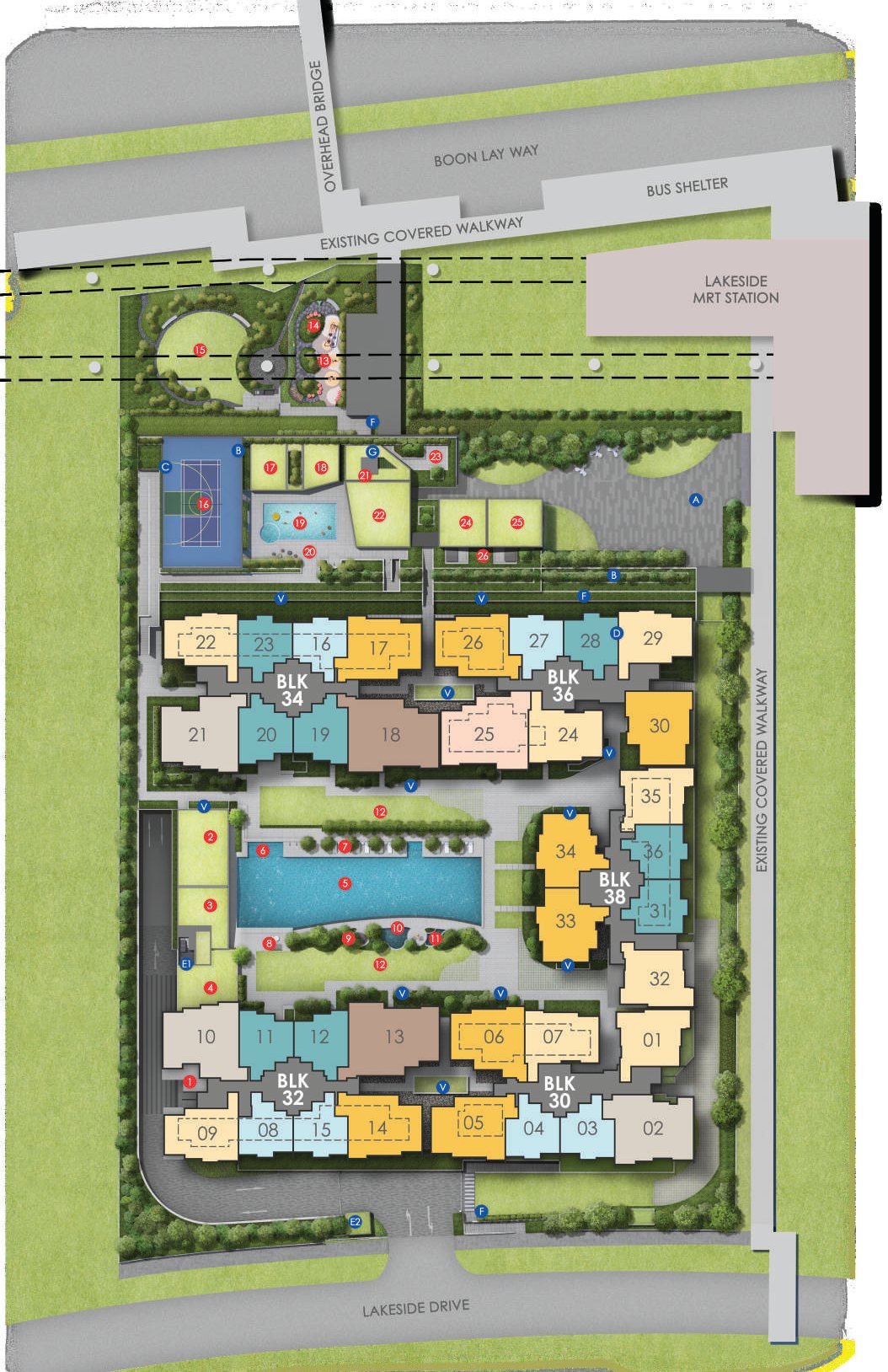 Lucerne Grand site plan: Blocks 30, 32, 34, 36 and 38 with stack numbers 01 to 36, the lap pool, and Lakeside MRT station
