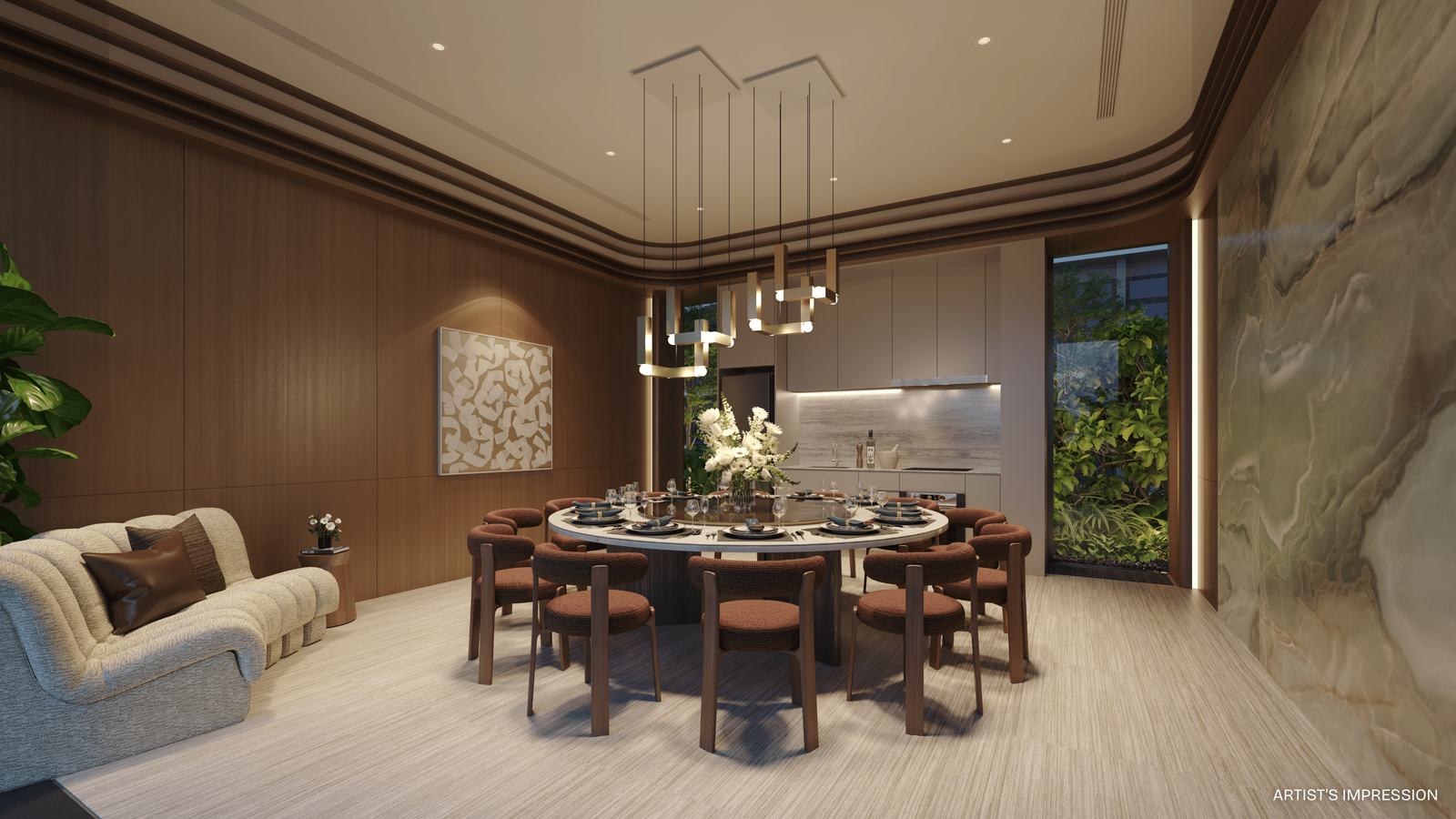 The private dining lounge at Pinery Residences, set up for a long table dinner