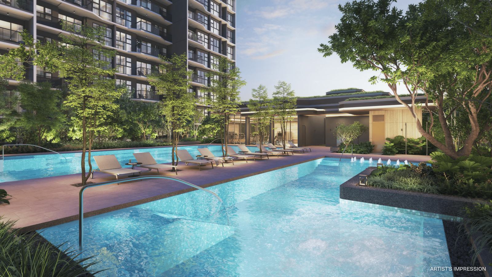 The hydrotherapy pool at Pinery Residences, part of the Vitality Sanctuary deck beside the 50m lap pool