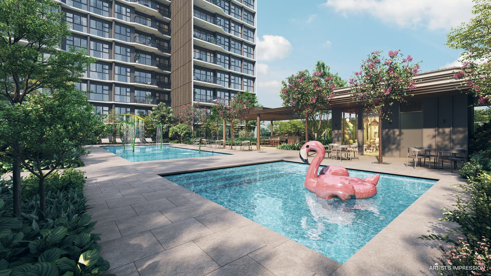 The kids' pool and splash play area at Pinery Residences, with shaded seating and planting around the deck