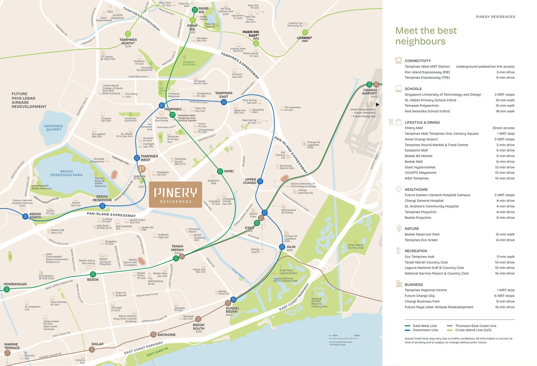 Pinery Residences location map showing the site at Tampines Avenue 1 and Bedok Reservoir Road, with Tampines West MRT, Bedok Reservoir Park, schools and Tampines Regional Centre