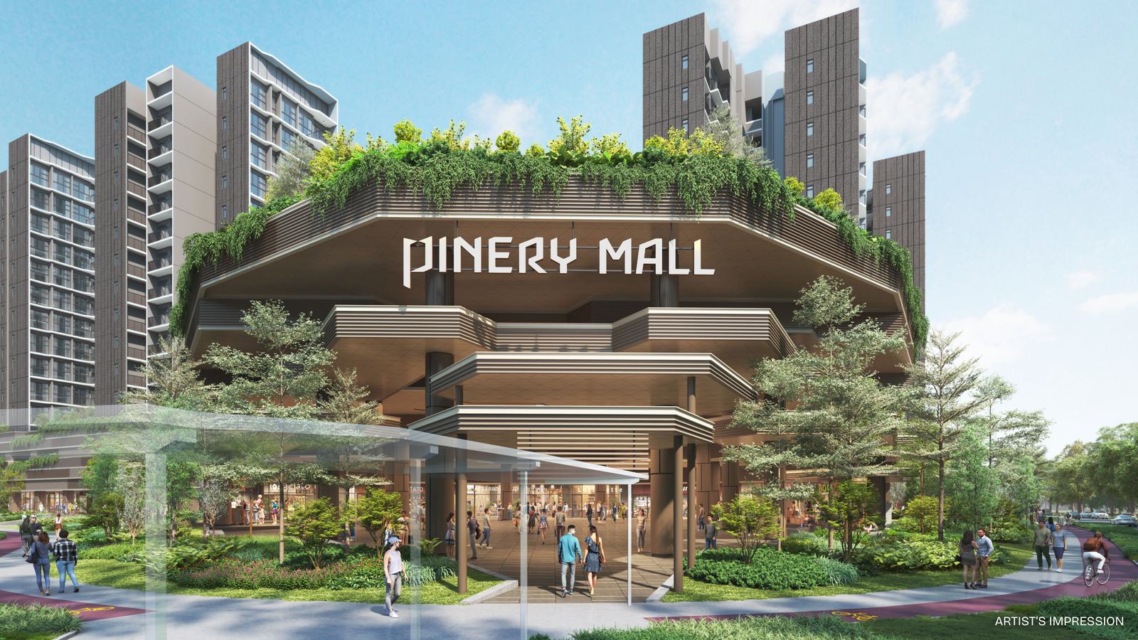 The community plaza at Pinery Mall, the retail podium beneath Pinery Residences
