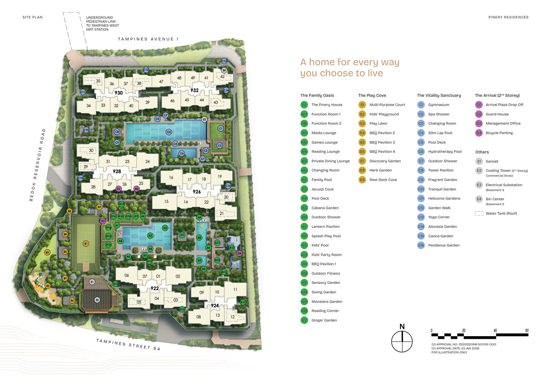 Pinery Residences site plan showing six blocks, the four facility zones, the 50m lap pool, multi-purpose court and the underground pedestrian link to Tampines West MRT