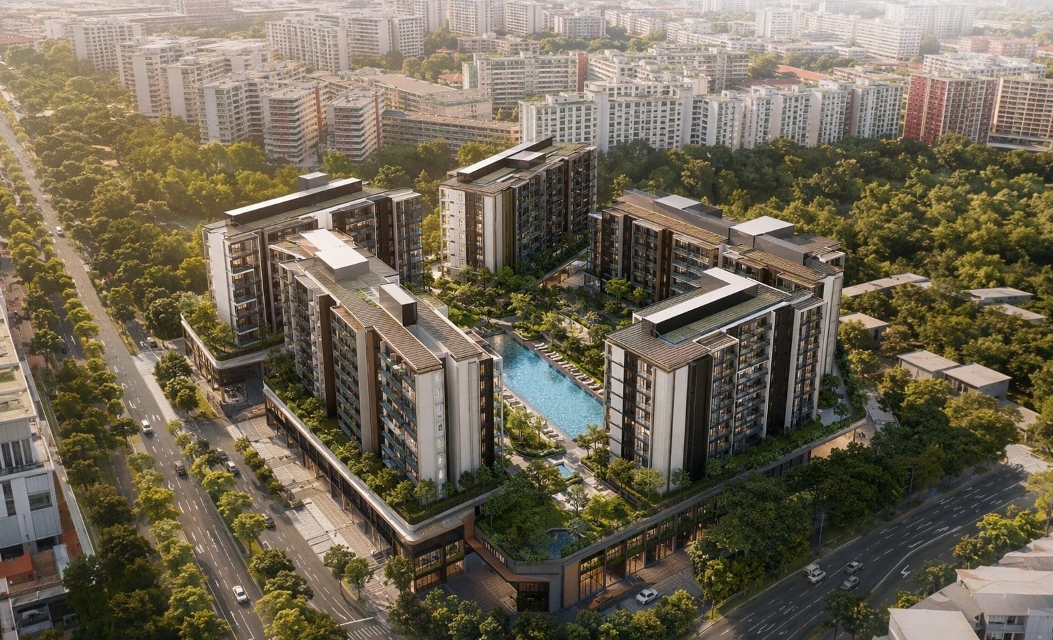 Artist's impression aerial view of six mid-rise blocks around a central pool deck above the retail podium in Tampines