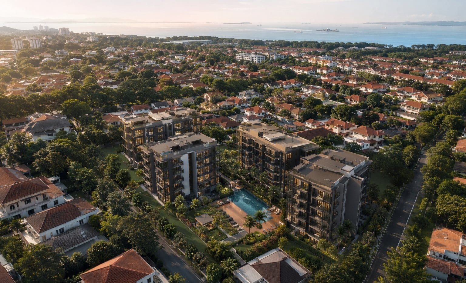 Artist's impression aerial view of a compact EC site in Sembawang, blocks around a pool deck within a landed housing enclave