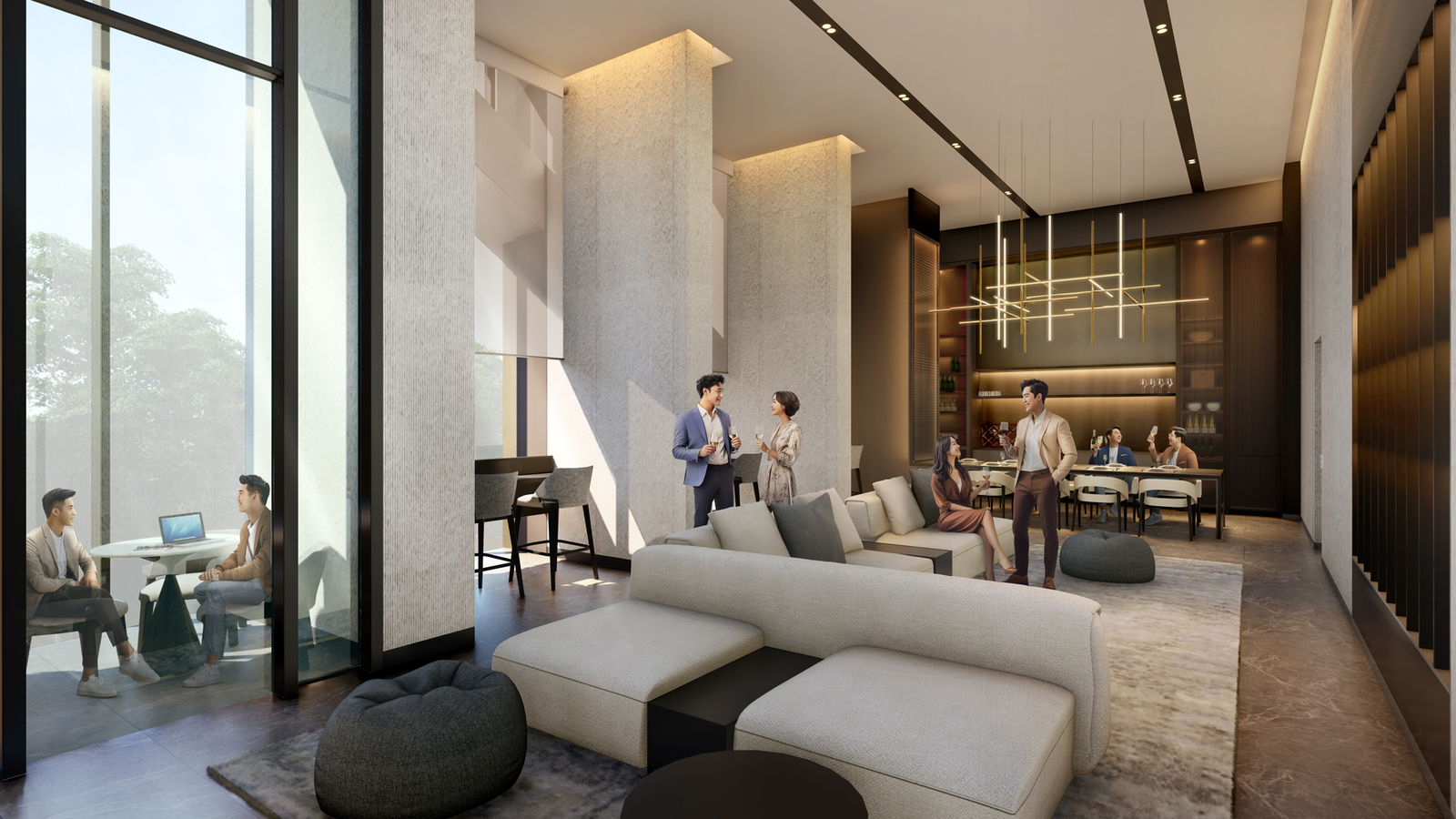 The Collective at One Sophia — social club with ppl. Artist's impression.