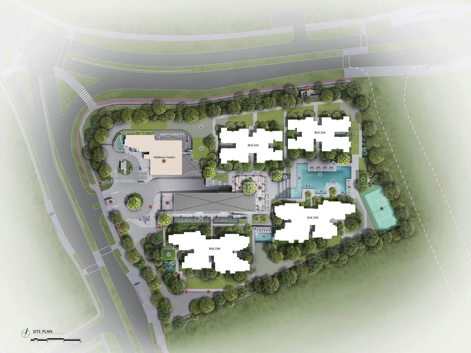 The Sen facilities site plan Level 1, showing the Sen Arrival, Sen Commons and Sen Club zones with the family pool, children's pool, clubhouse and tennis court