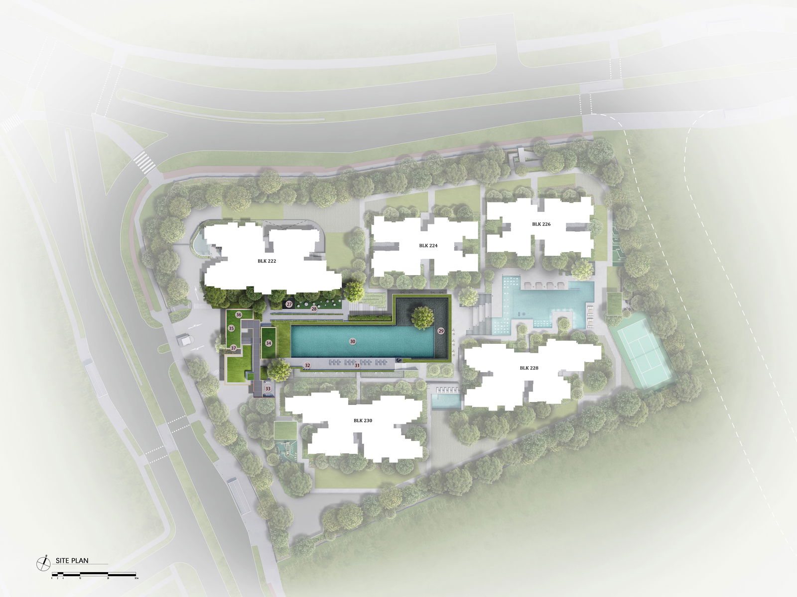 The Sen facilities site plan Level 2, the Sen Boutique deck with the 50m lap pool, gym, hot and cold bath and main pool deck