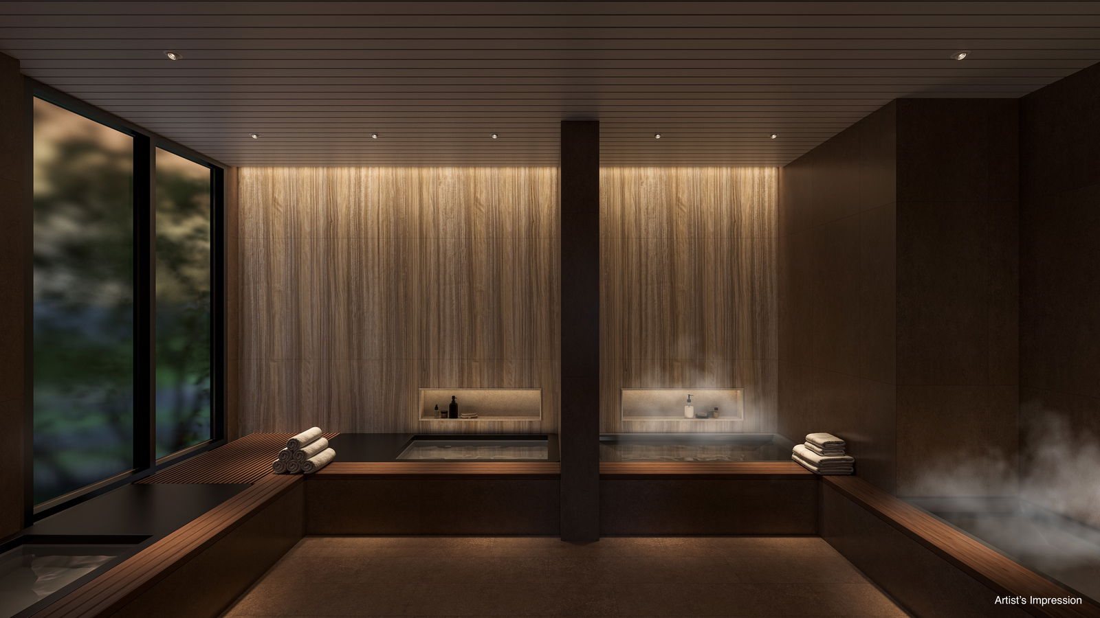The hot and cold bath at The Sen, a dark timber-lined room with two sunken baths, steam rising, and a full-height window onto planting