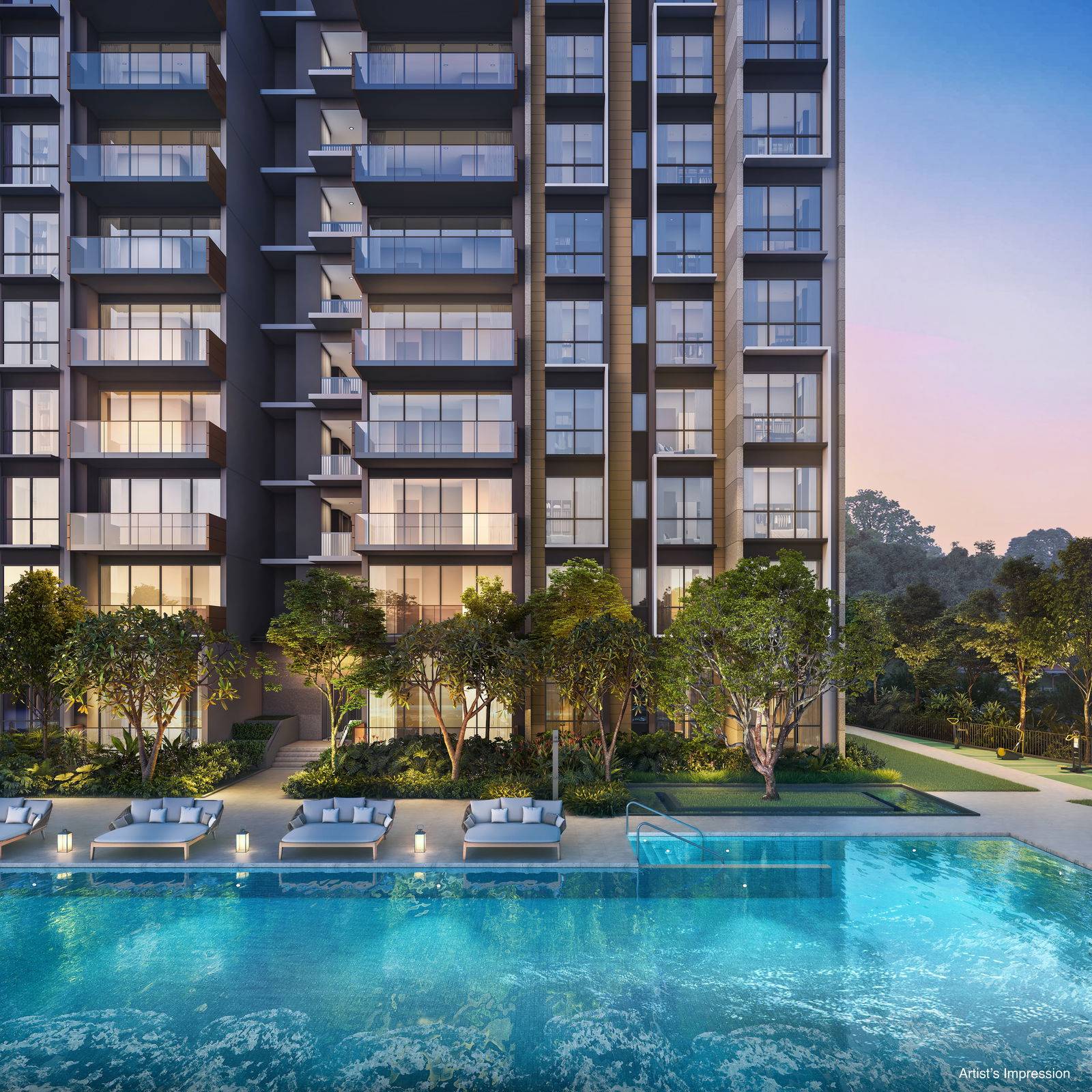 A 10-storey block facade at The Sen seen across the pool, with layered balconies, sun loungers on the deck and planting along the edge