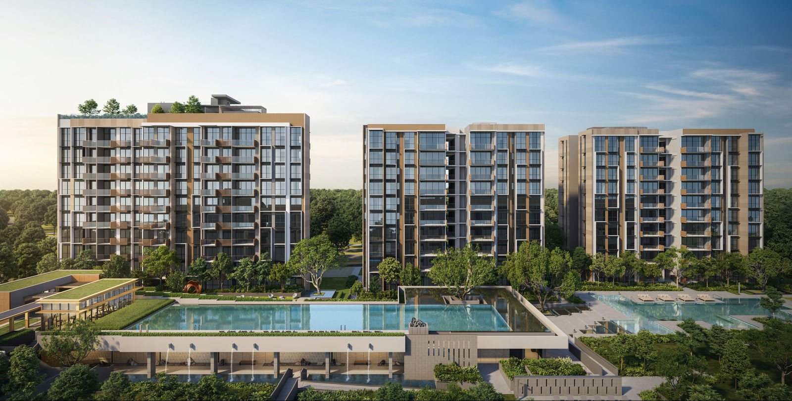 Three residential blocks at The Sen seen across the landscape deck, ten storeys each with the pool deck raised above the arrival level