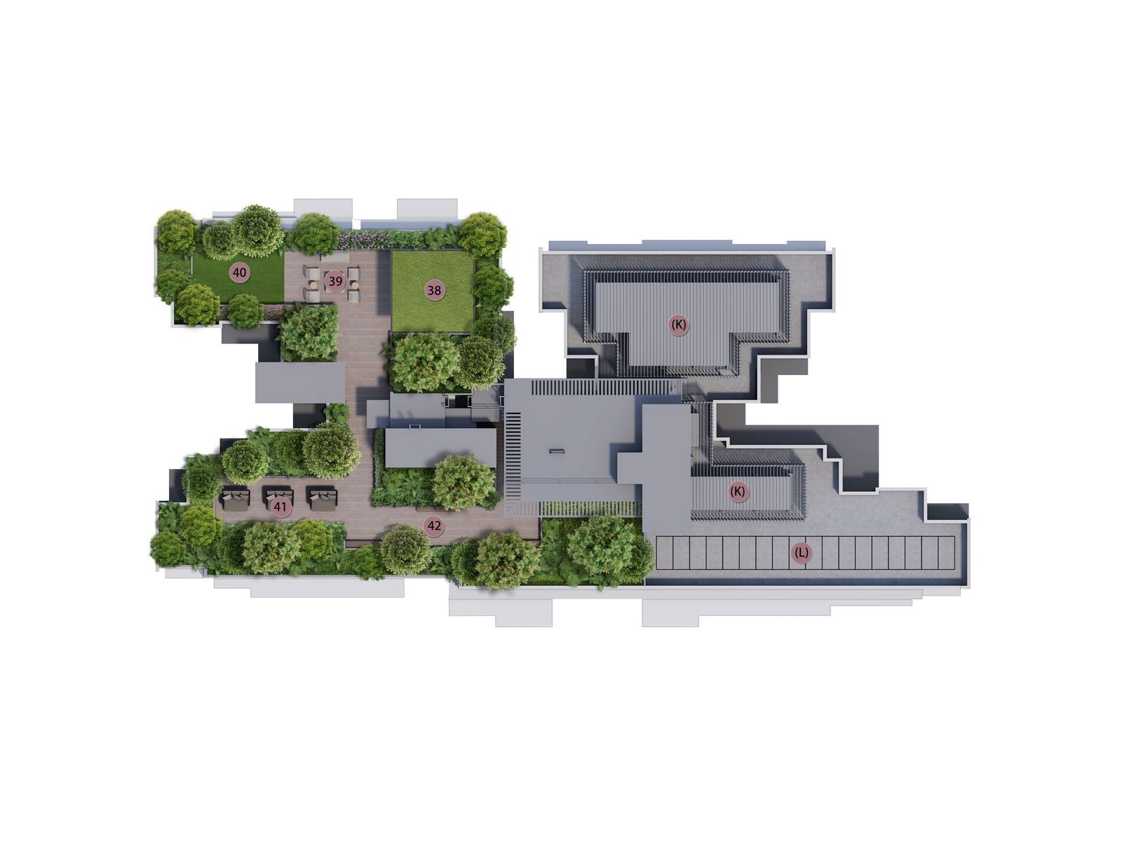 The Sen rooftop facilities plan for Block 222, with Pilates Pavilion, Meditation Deck, Yoga Lawn, Floral Garden and Sensory Garden
