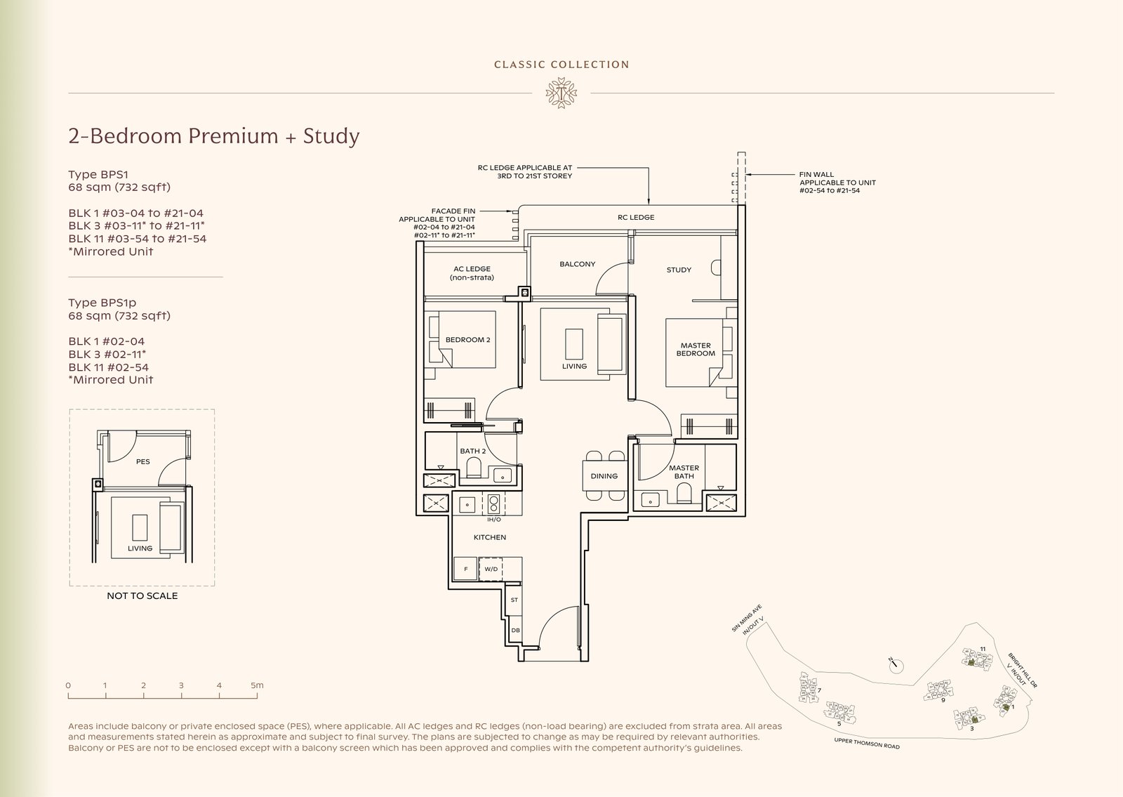 Thomson Reserve 2-Bedroom Premium + Study Type BPS1 floor plan, 732 sq ft (68 sqm), 60 units in Blk 1, 3 and 11, Classic Collection, with key plan