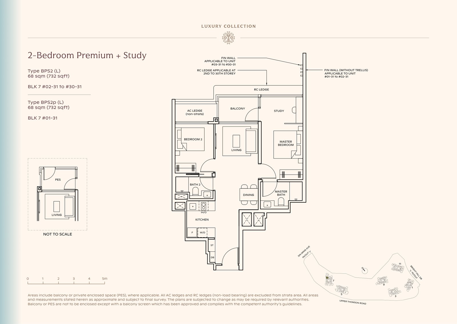 Thomson Reserve 2-Bedroom Premium + Study Type BPS2 (L) floor plan, 732 sq ft (68 sqm), 30 units in Blk 7, Luxury Collection, with key plan