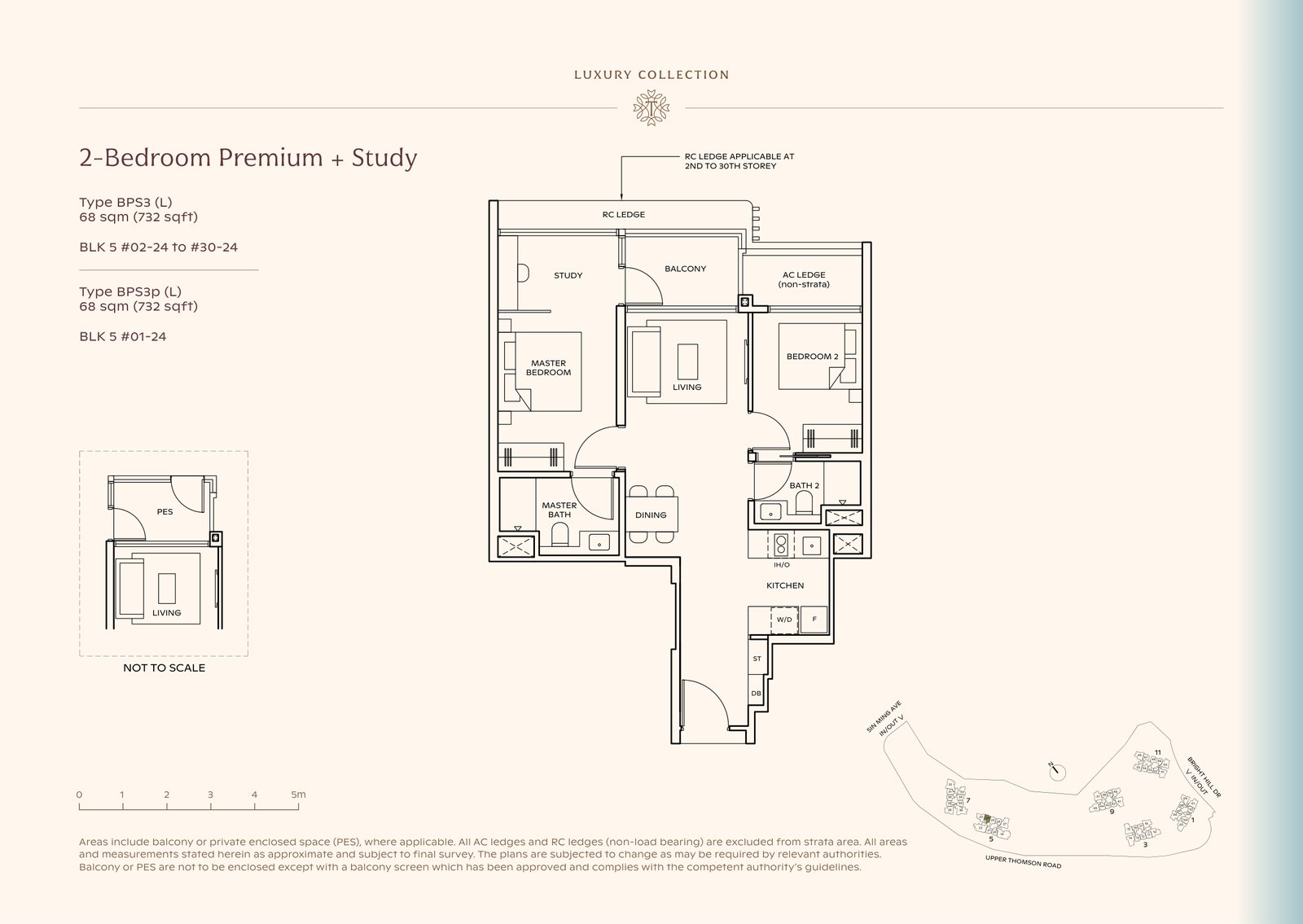 Thomson Reserve 2-Bedroom Premium + Study Type BPS3 (L) floor plan, 732 sq ft (68 sqm), 30 units in Blk 5, Luxury Collection, with key plan