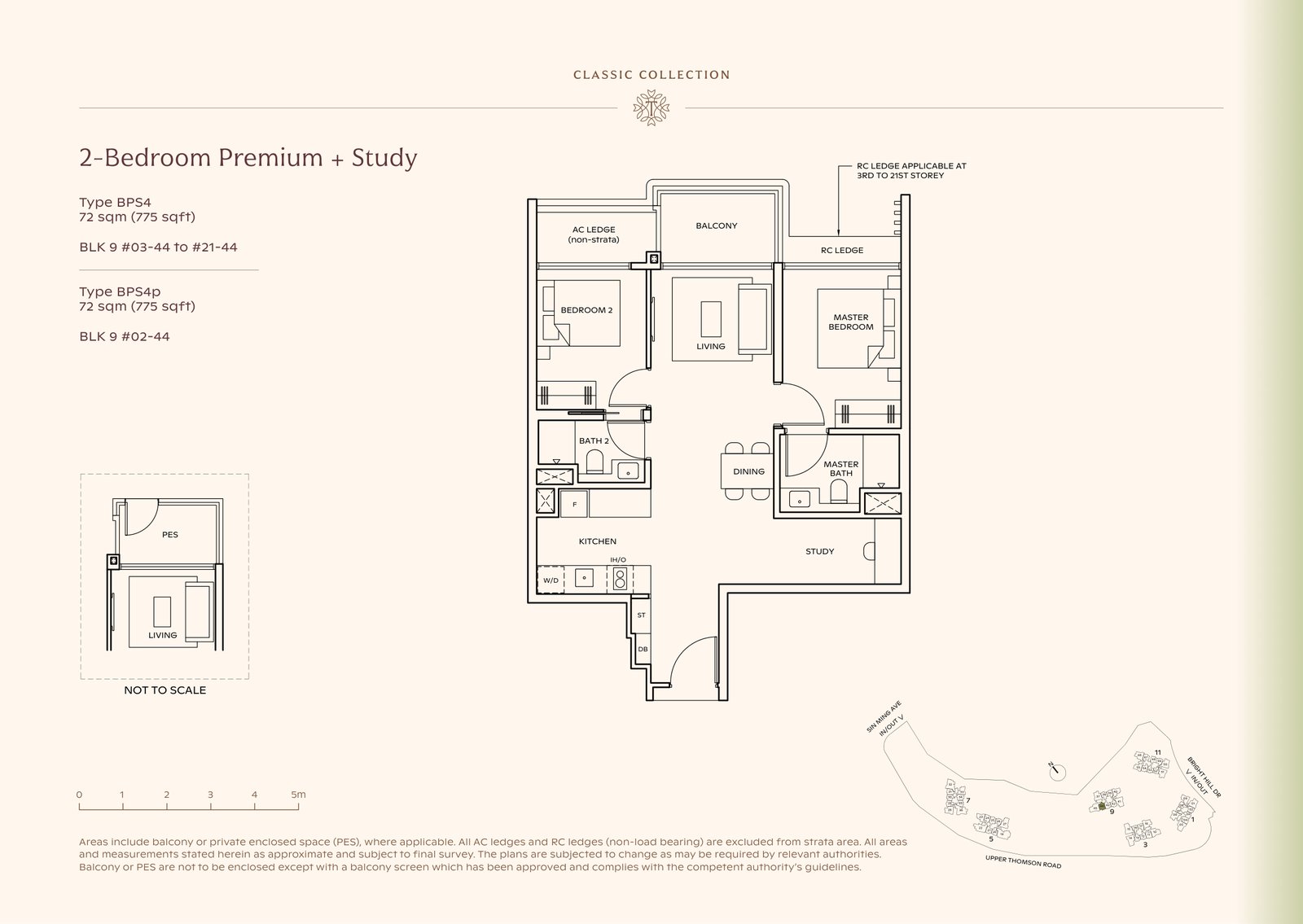 Thomson Reserve 2-Bedroom Premium + Study Type BPS4 floor plan, 775 sq ft (72 sqm), 20 units in Blk 9, Classic Collection, with key plan