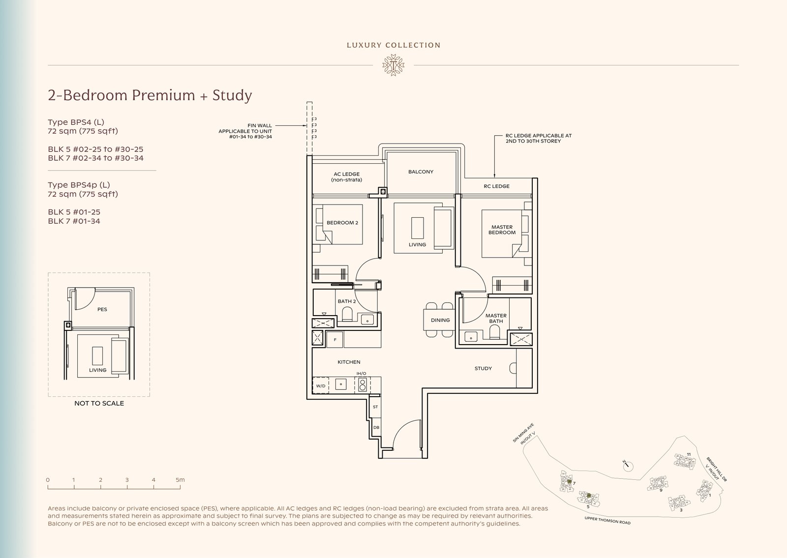 Thomson Reserve 2-Bedroom Premium + Study Type BPS4 (L) floor plan, 775 sq ft (72 sqm), 60 units in Blk 5 and 7, Luxury Collection, with key plan