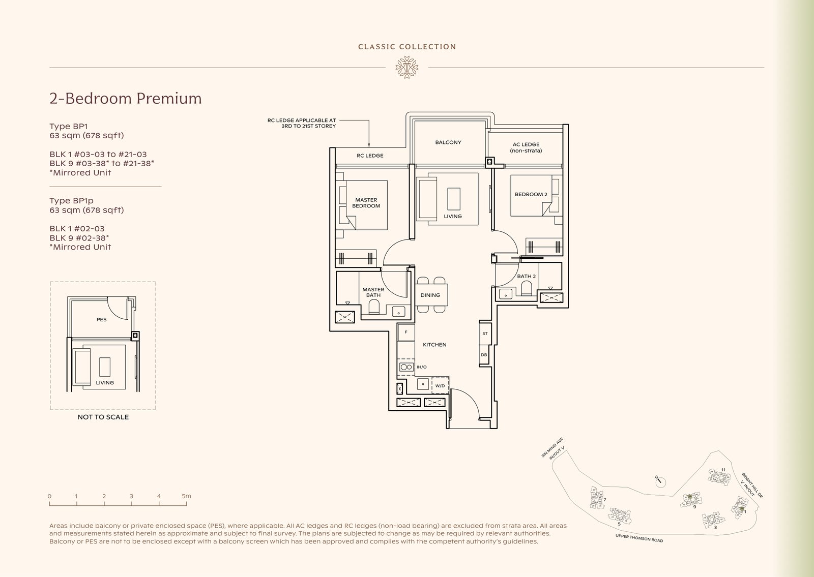Thomson Reserve 2-Bedroom Premium Type BP1 floor plan, 678 sq ft (63 sqm), 40 units in Blk 1 and 9, Classic Collection, with key plan