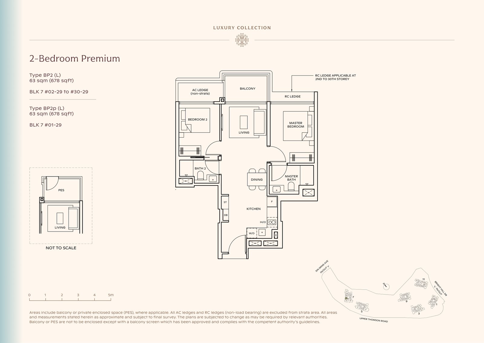 Thomson Reserve 2-Bedroom Premium Type BP2 (L) floor plan, 678 sq ft (63 sqm), 30 units in Blk 7, Luxury Collection, with key plan