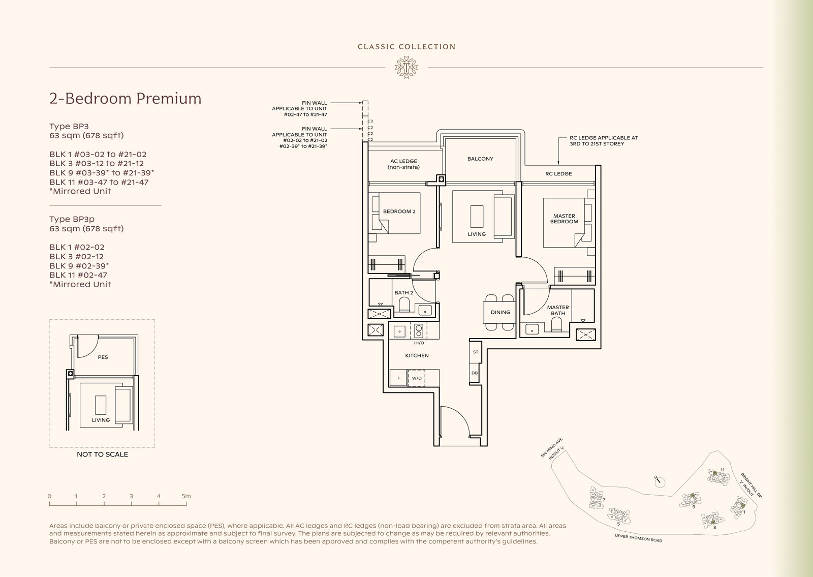 Thomson Reserve 2-Bedroom Premium Type BP3 floor plan, 678 sq ft (63 sqm), 80 units in Blk 1, 3, 9 and 11, Classic Collection, with key plan