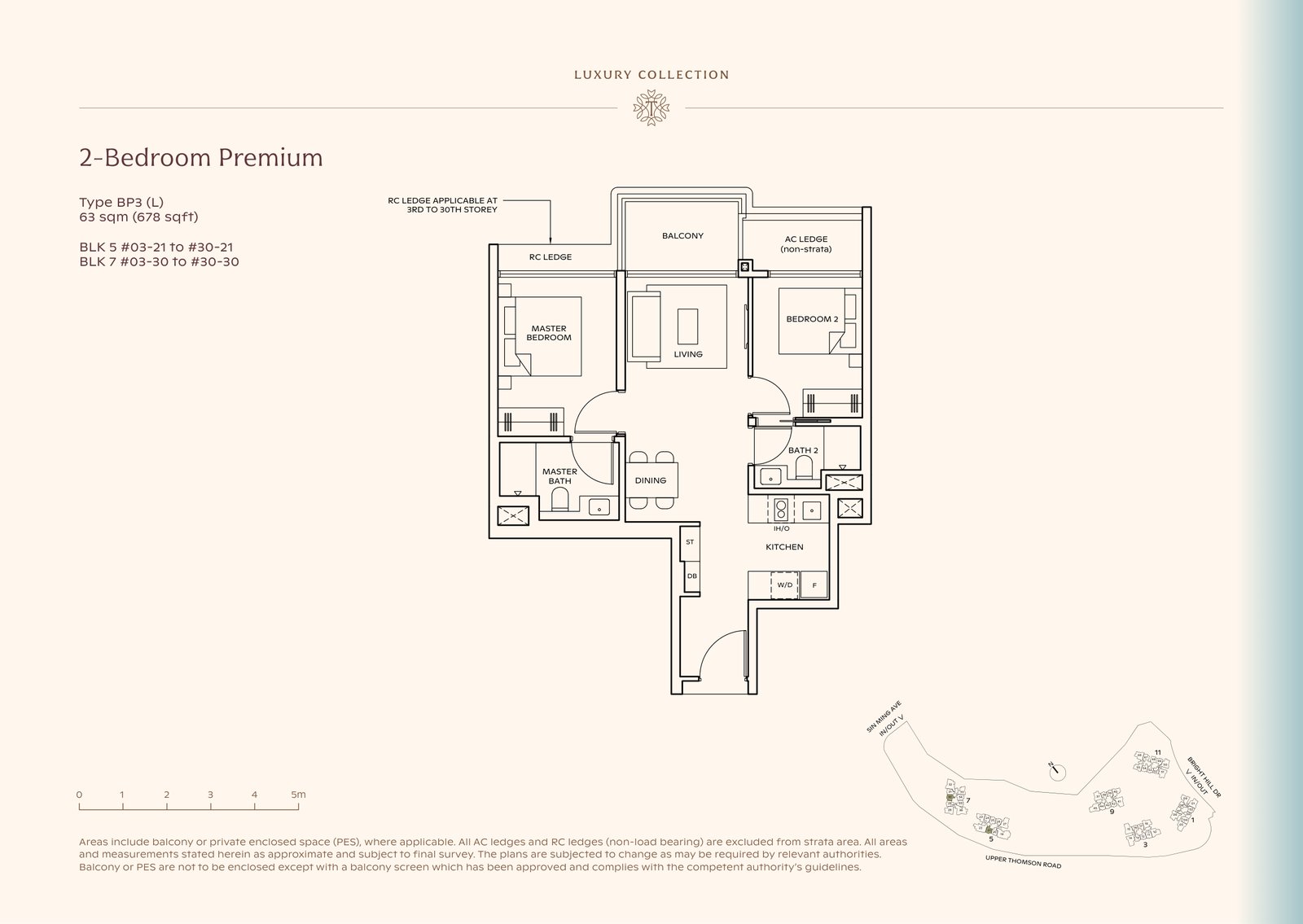 Thomson Reserve 2-Bedroom Premium Type BP3 (L) floor plan, 678 sq ft (63 sqm), 56 units in Blk 5 and 7, Luxury Collection, with key plan