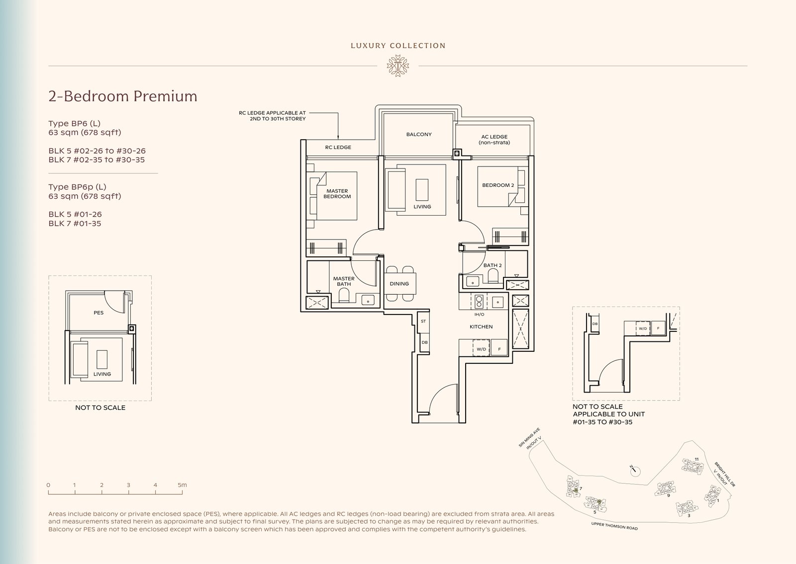 Thomson Reserve 2-Bedroom Premium Type BP6 (L) floor plan, 678 sq ft (63 sqm), 60 units in Blk 5 and 7, Luxury Collection, with key plan