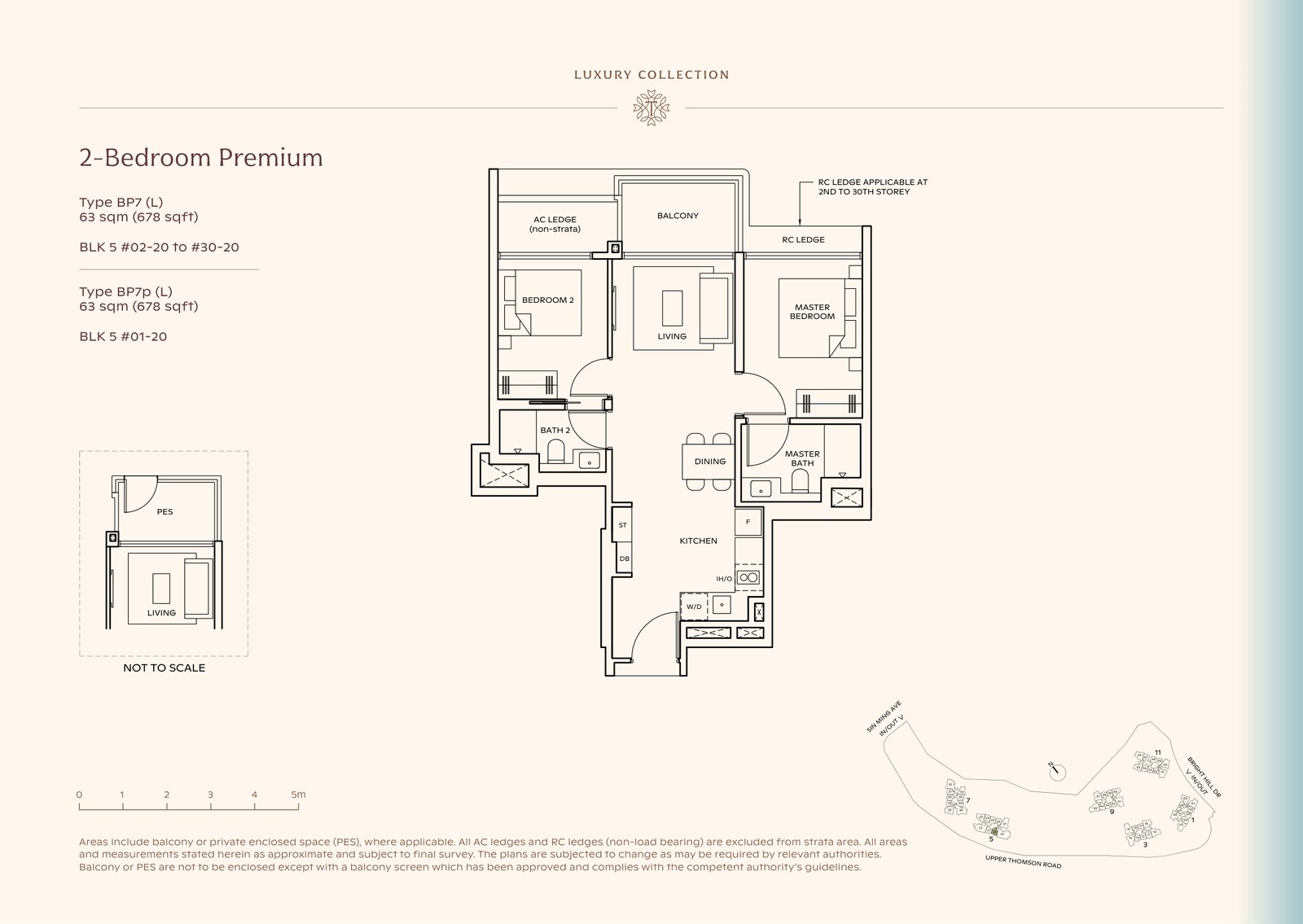 Thomson Reserve 2-Bedroom Premium Type BP7 (L) floor plan, 678 sq ft (63 sqm), 30 units in Blk 5, Luxury Collection, with key plan