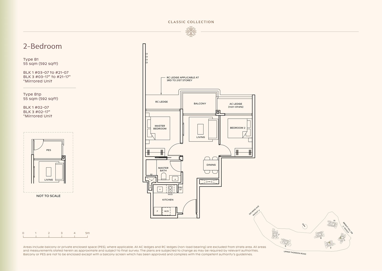 Thomson Reserve 2-Bedroom Type B1 floor plan, 592 sq ft (55 sqm), 40 units in Blk 1 and 3, Classic Collection, with key plan