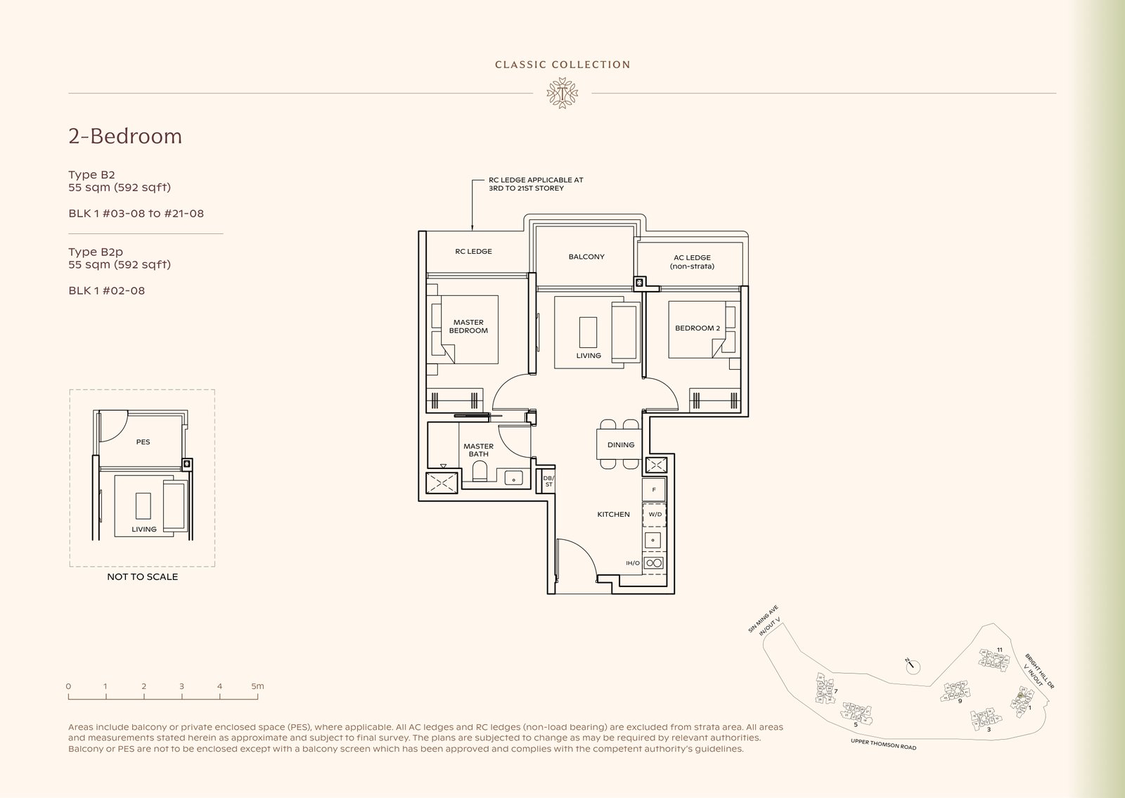 Thomson Reserve 2-Bedroom Type B2 floor plan, 592 sq ft (55 sqm), 20 units in Blk 1, Classic Collection, with key plan