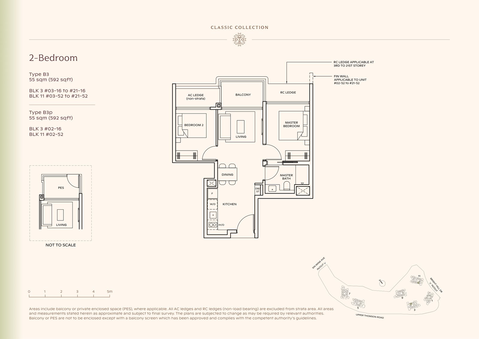 Thomson Reserve 2-Bedroom Type B3 floor plan, 592 sq ft (55 sqm), 40 units in Blk 3 and 11, Classic Collection, with key plan