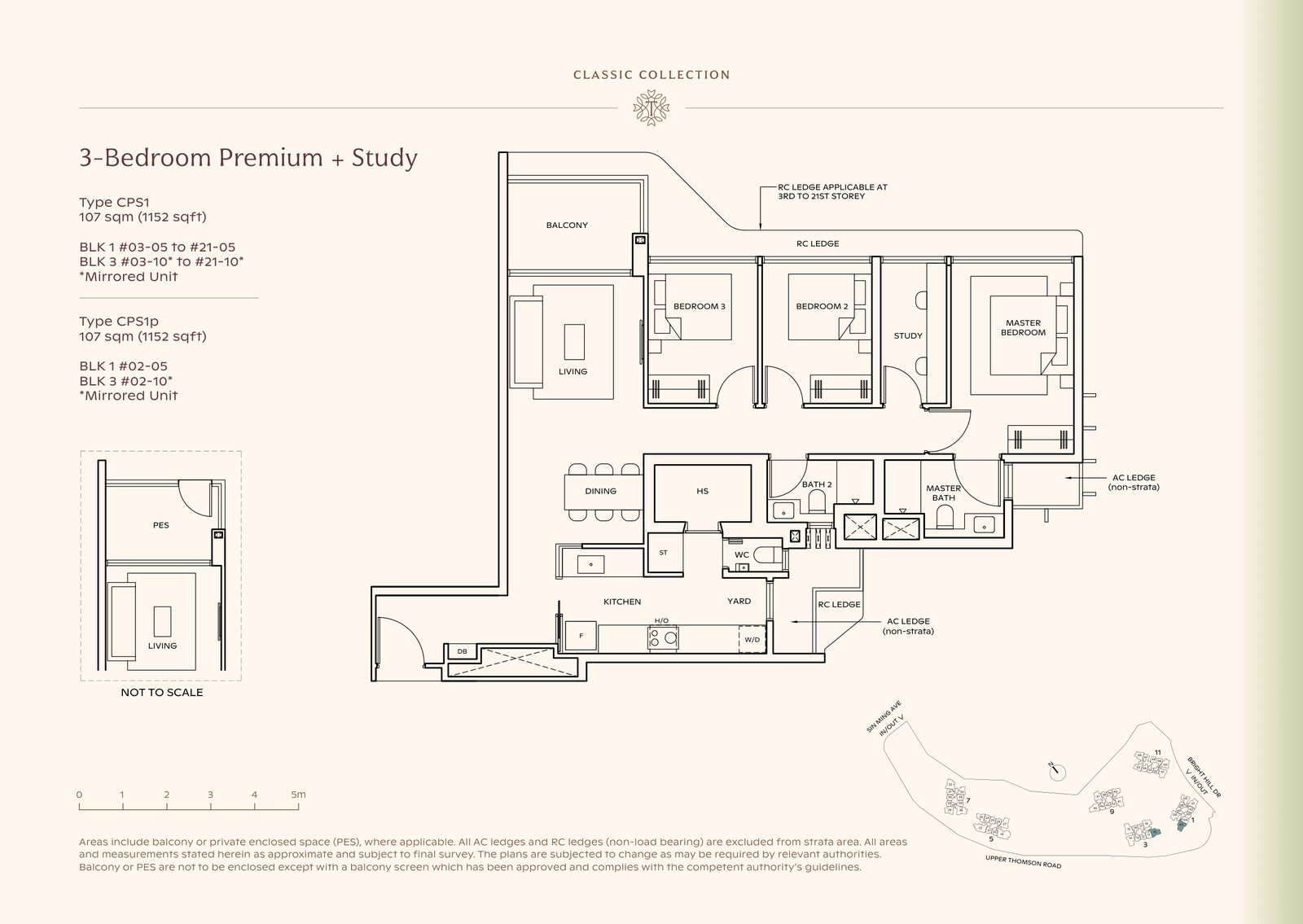Thomson Reserve 3-Bedroom Premium + Study Type CPS1 floor plan, 1,152 sq ft (107 sqm), 40 units in Blk 1 and 3, Classic Collection, with key plan