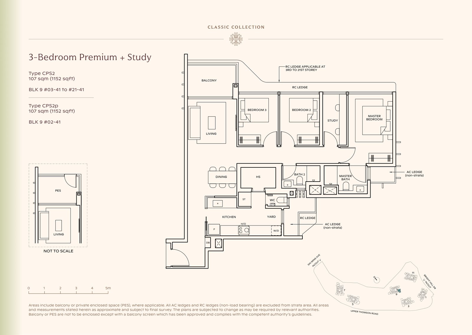Thomson Reserve 3-Bedroom Premium + Study Type CPS2 floor plan, 1,152 sq ft (107 sqm), 20 units in Blk 9, Classic Collection, with key plan