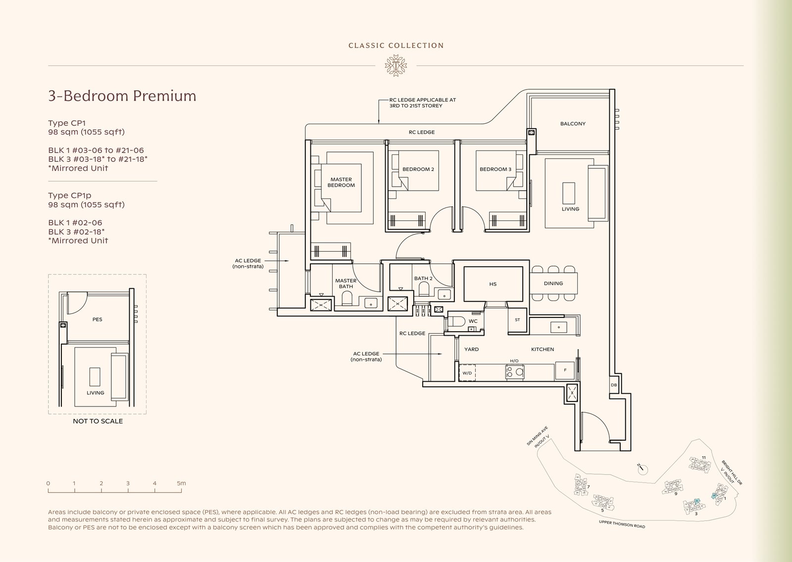 Thomson Reserve 3-Bedroom Premium Type CP1 floor plan, 1,055 sq ft (98 sqm), 40 units in Blk 1 and 3, Classic Collection, with key plan
