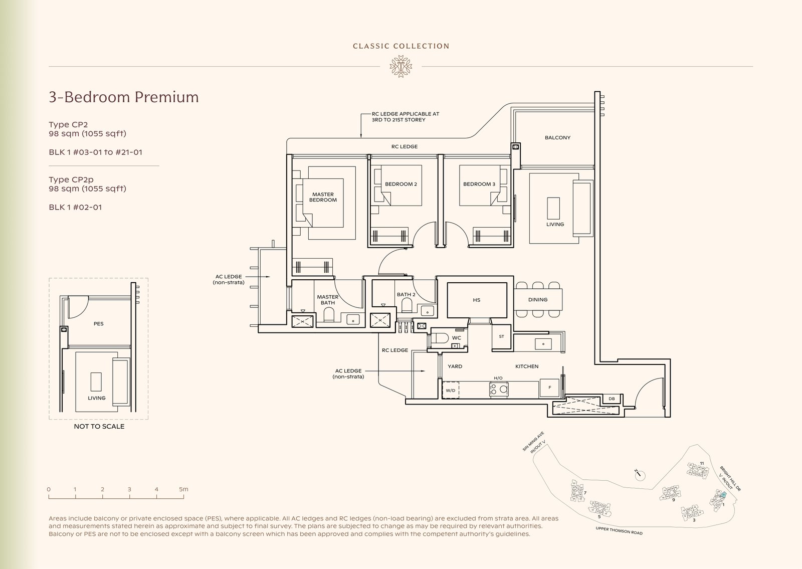 Thomson Reserve 3-Bedroom Premium Type CP2 floor plan, 1,055 sq ft (98 sqm), 20 units in Blk 1, Classic Collection, with key plan
