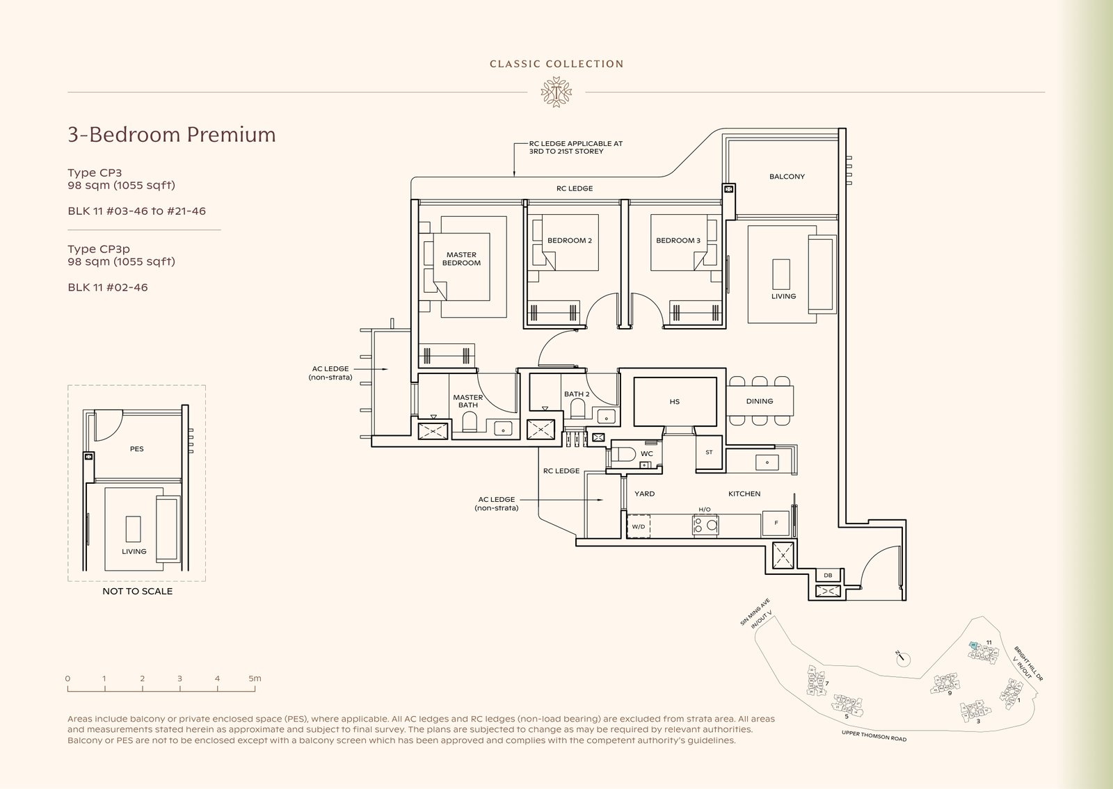 Thomson Reserve 3-Bedroom Premium Type CP3 floor plan, 1,055 sq ft (98 sqm), 20 units in Blk 11, Classic Collection, with key plan