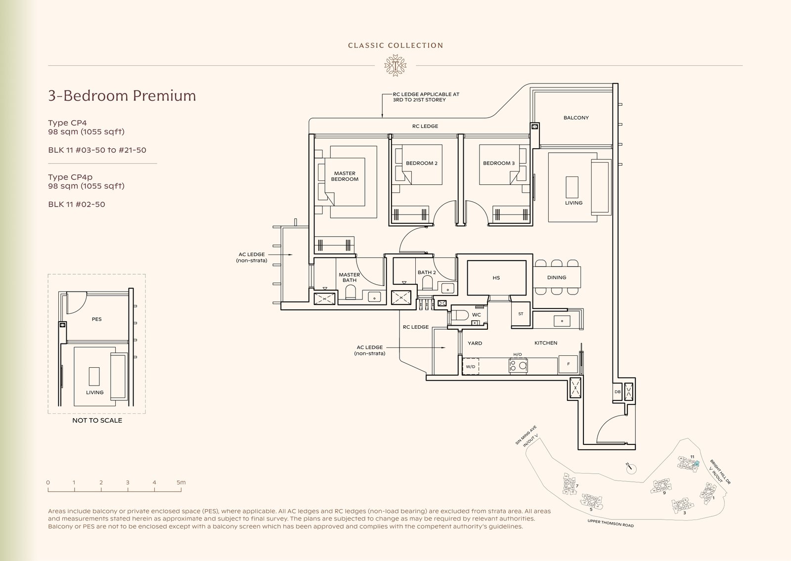 Thomson Reserve 3-Bedroom Premium Type CP4 floor plan, 1,055 sq ft (98 sqm), 20 units in Blk 11, Classic Collection, with key plan