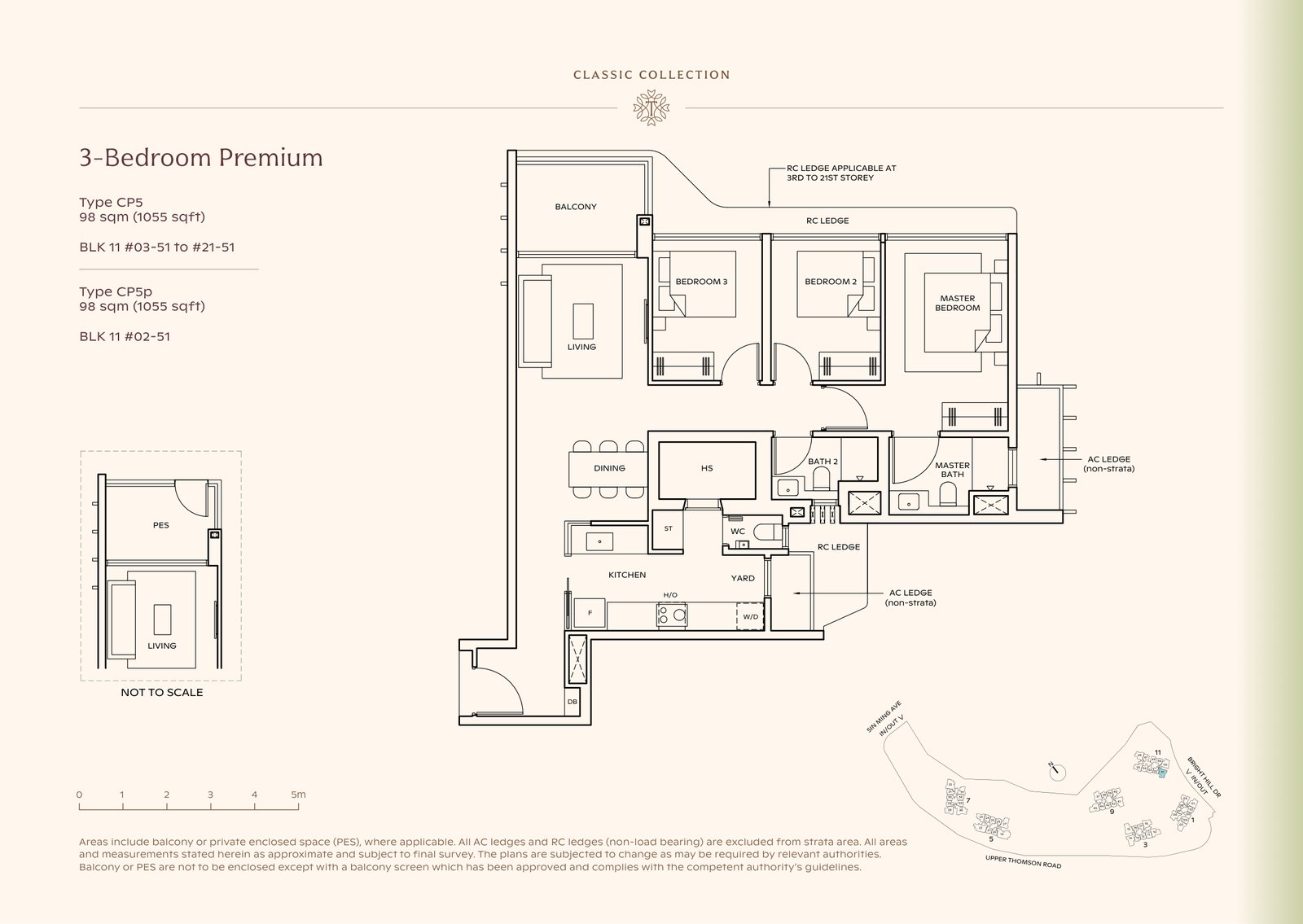 Thomson Reserve 3-Bedroom Premium Type CP5 floor plan, 1,055 sq ft (98 sqm), 20 units in Blk 11, Classic Collection, with key plan