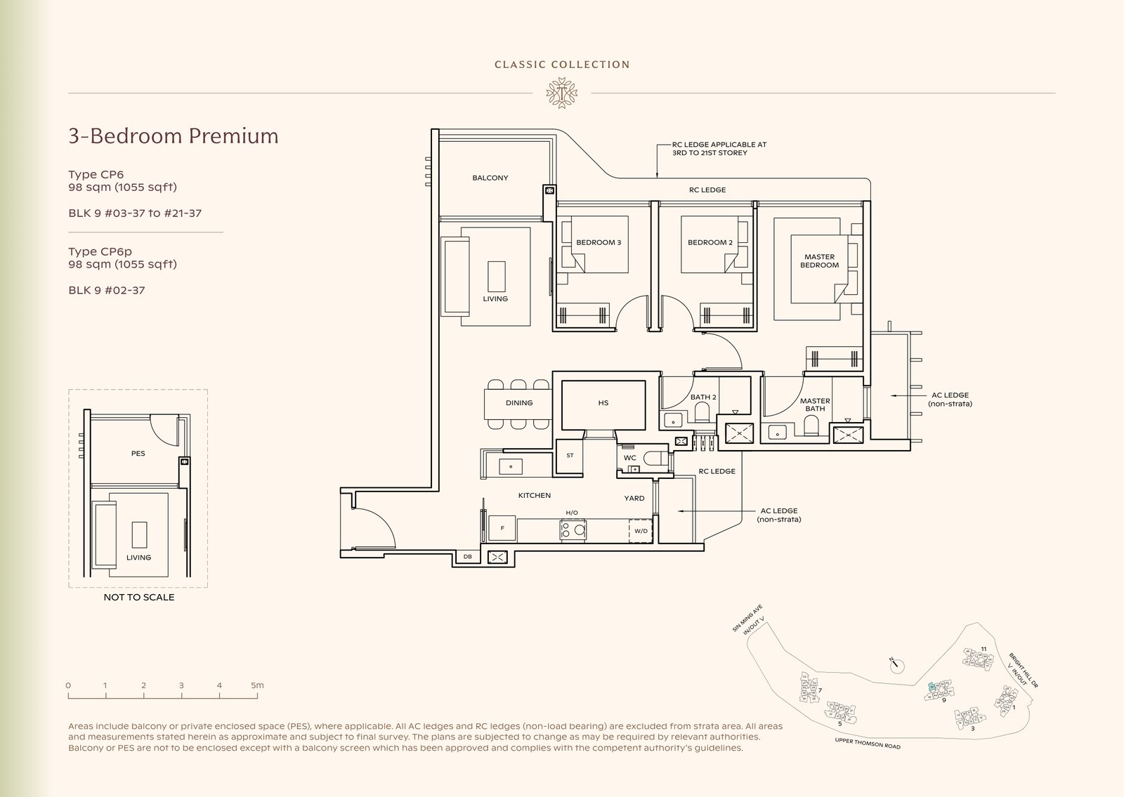 Thomson Reserve 3-Bedroom Premium Type CP6 floor plan, 1,055 sq ft (98 sqm), 20 units in Blk 9, Classic Collection, with key plan