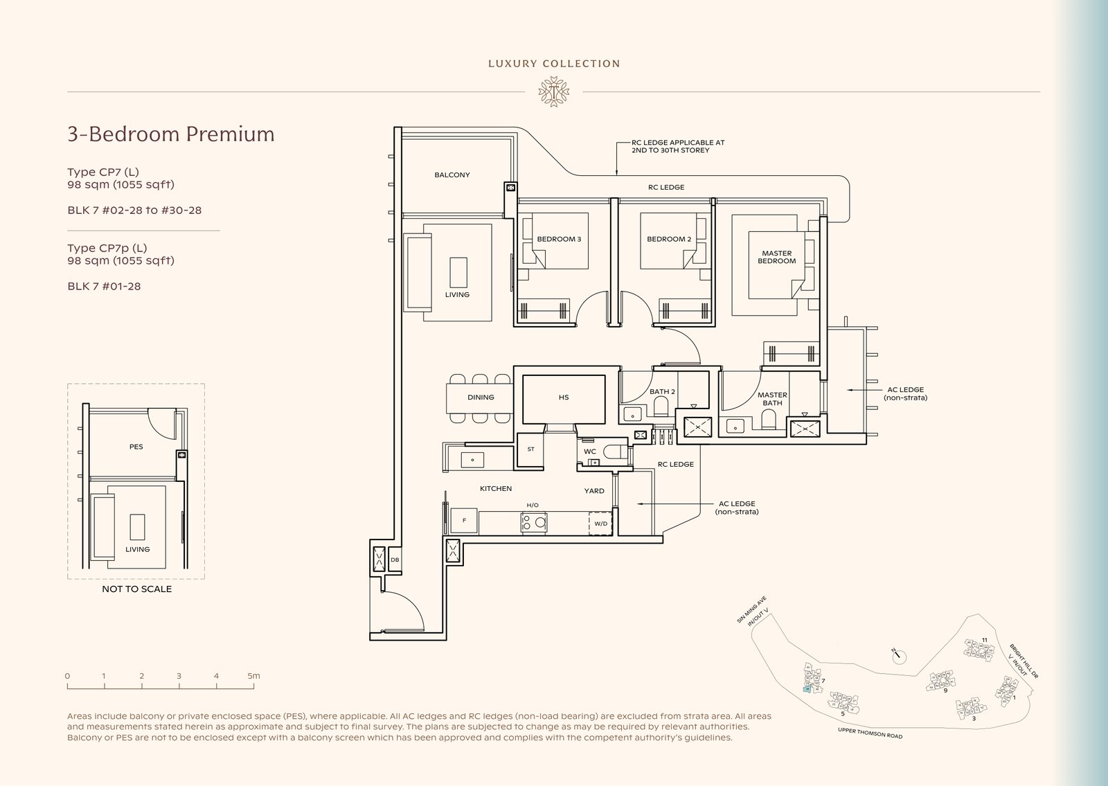 Thomson Reserve 3-Bedroom Premium Type CP7 (L) floor plan, 1,055 sq ft (98 sqm), 30 units in Blk 7, Luxury Collection, with key plan