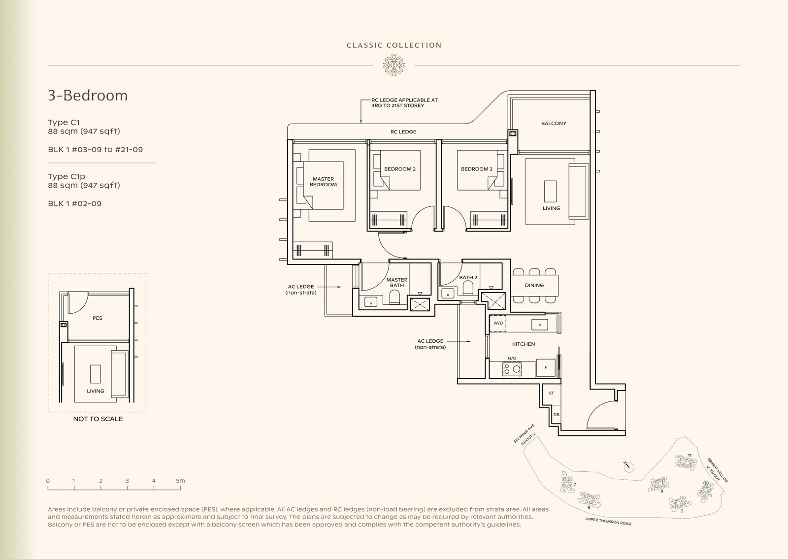 Thomson Reserve 3-Bedroom Type C1 floor plan, 947 sq ft (88 sqm), 20 units in Blk 1, Classic Collection, with key plan