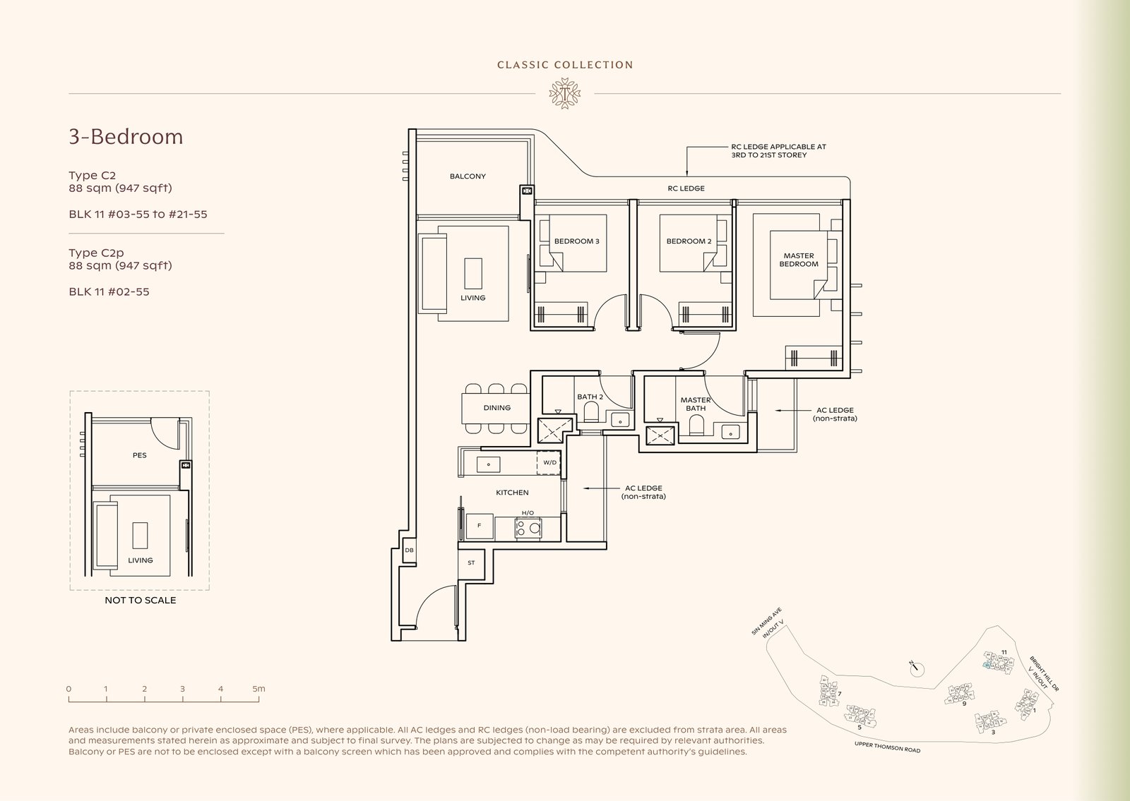 Thomson Reserve 3-Bedroom Type C2 floor plan, 947 sq ft (88 sqm), 20 units in Blk 11, Classic Collection, with key plan