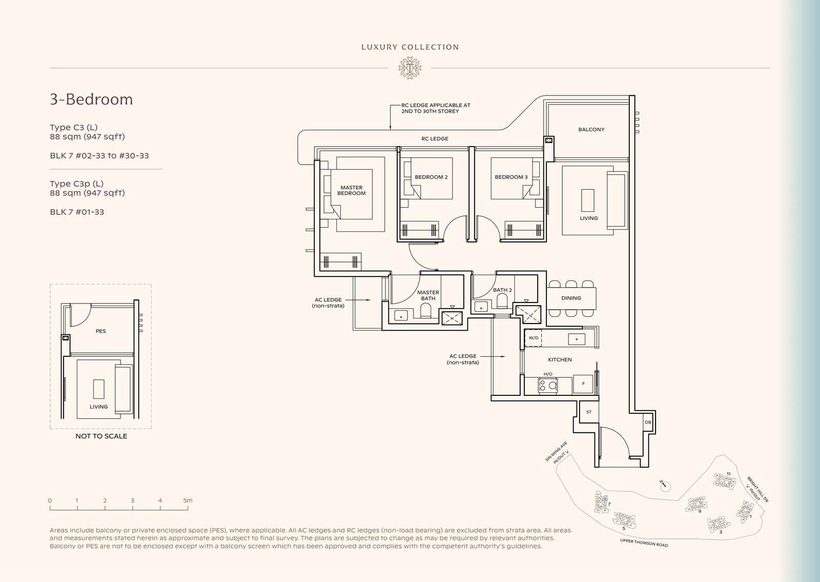 Thomson Reserve 3-Bedroom Type C3 (L) floor plan, 947 sq ft (88 sqm), 30 units in Blk 7, Luxury Collection, with key plan