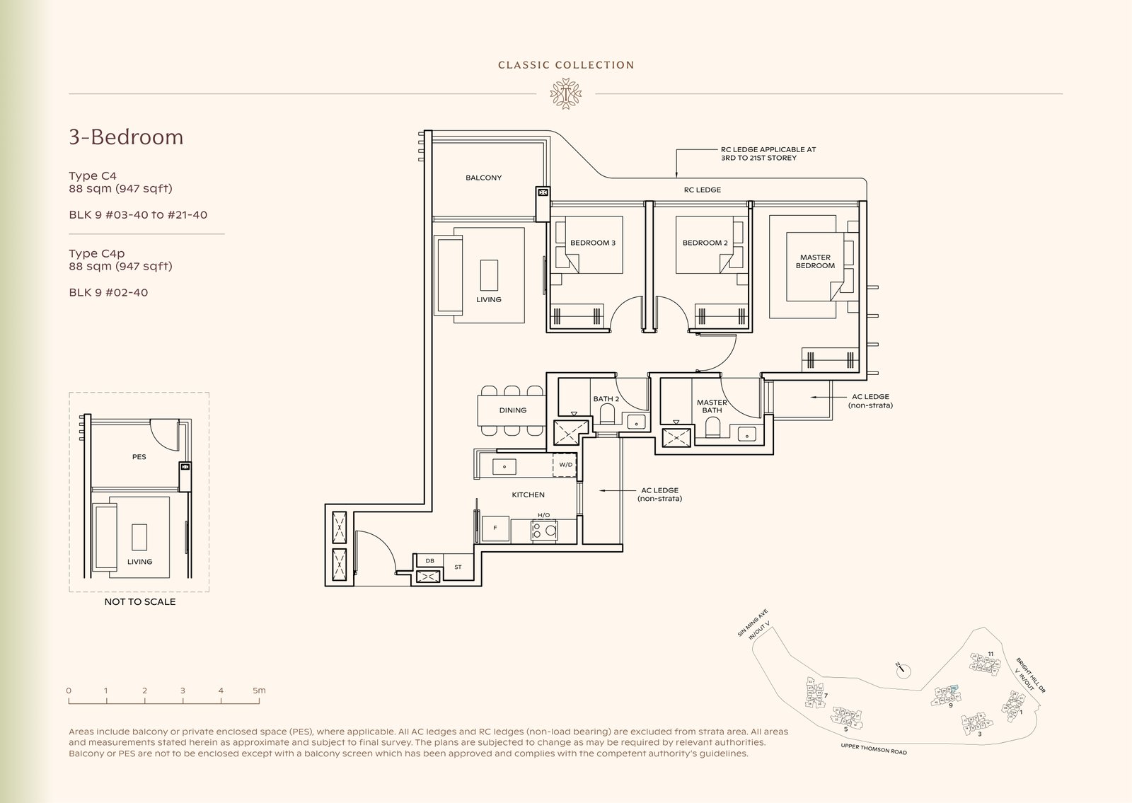 Thomson Reserve 3-Bedroom Type C4 floor plan, 947 sq ft (88 sqm), 20 units in Blk 9, Classic Collection, with key plan