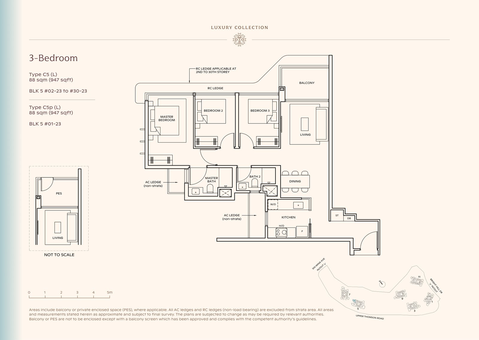 Thomson Reserve 3-Bedroom Type C5 (L) floor plan, 947 sq ft (88 sqm), 30 units in Blk 5, Luxury Collection, with key plan