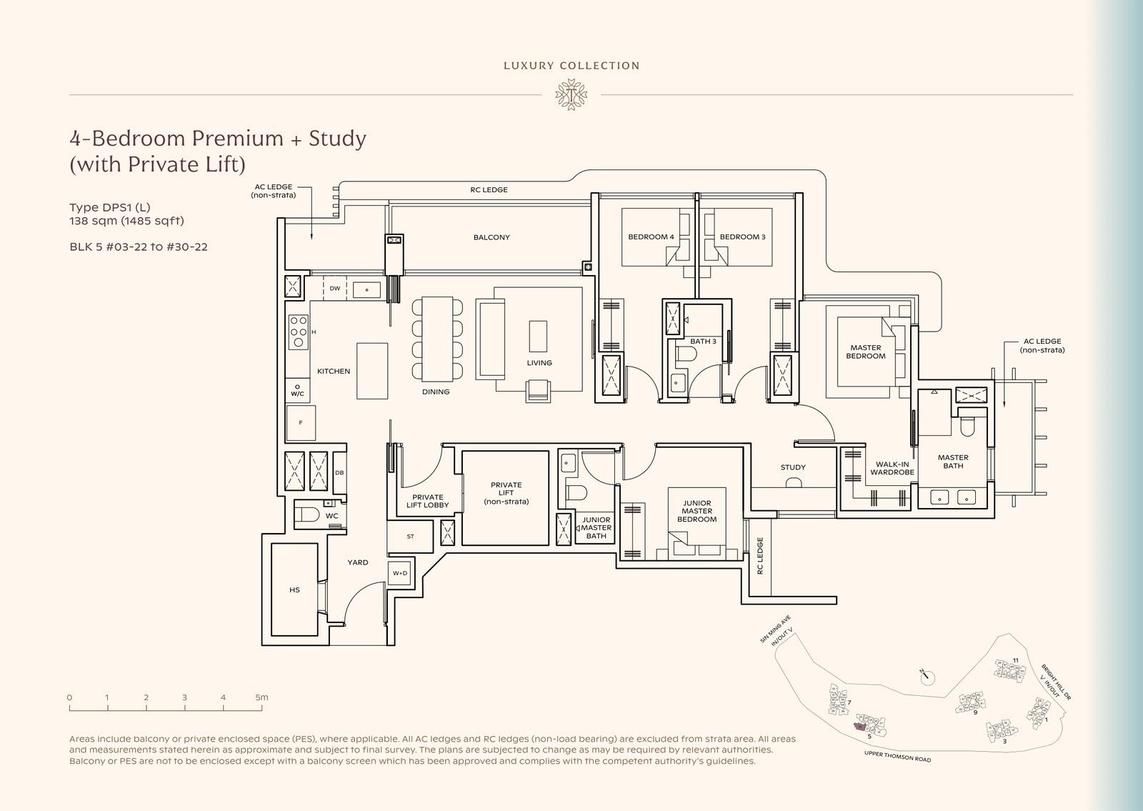 Thomson Reserve 4-Bedroom Premium + Study (with Private Lift) Type DPS1 (L) floor plan, 1,485 sq ft (138 sqm), 28 units in Blk 5, Luxury Collection, with key plan