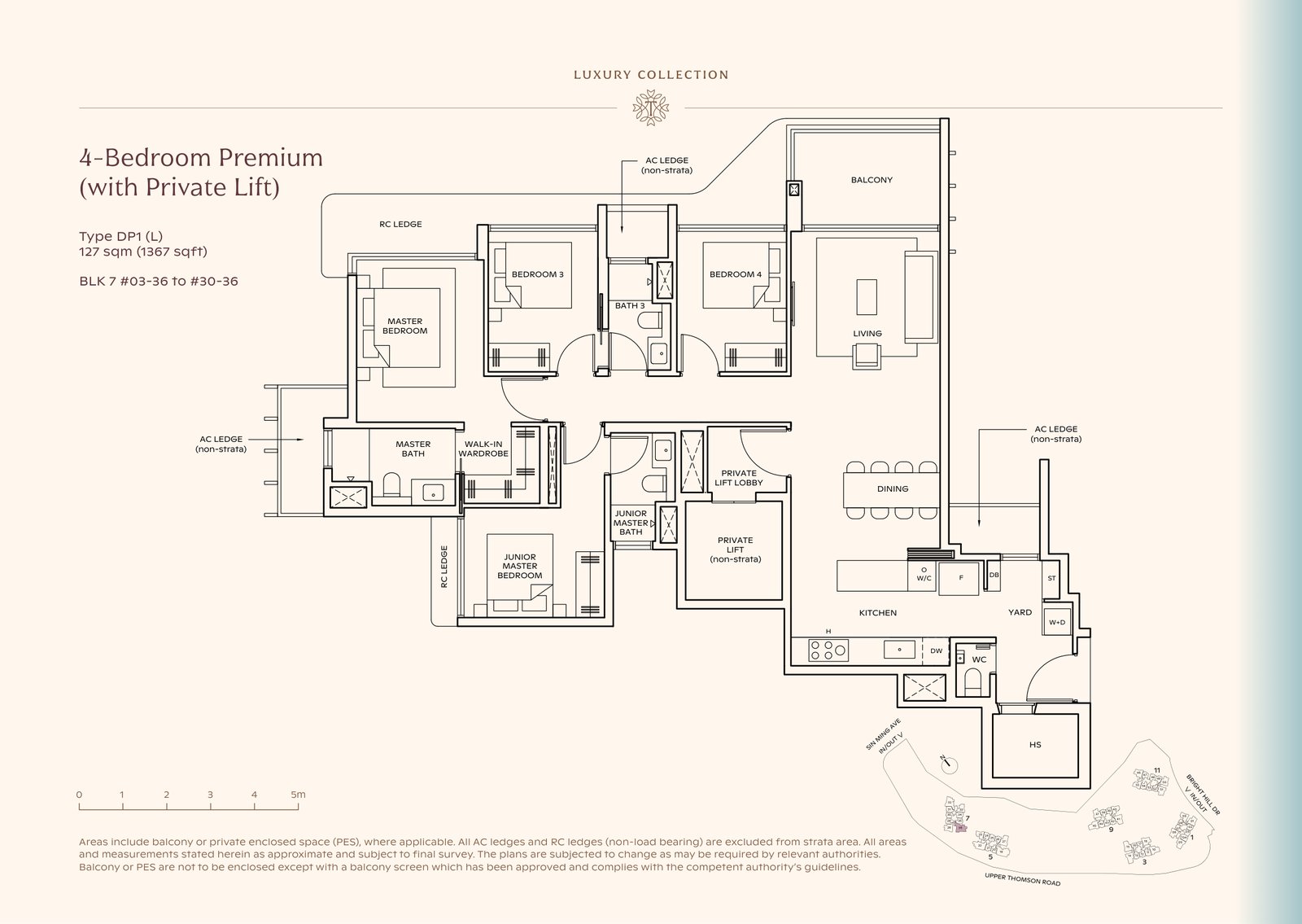 Thomson Reserve 4-Bedroom Premium (with Private Lift) Type DP1 (L) floor plan, 1,367 sq ft (127 sqm), 28 units in Blk 7, Luxury Collection, with key plan
