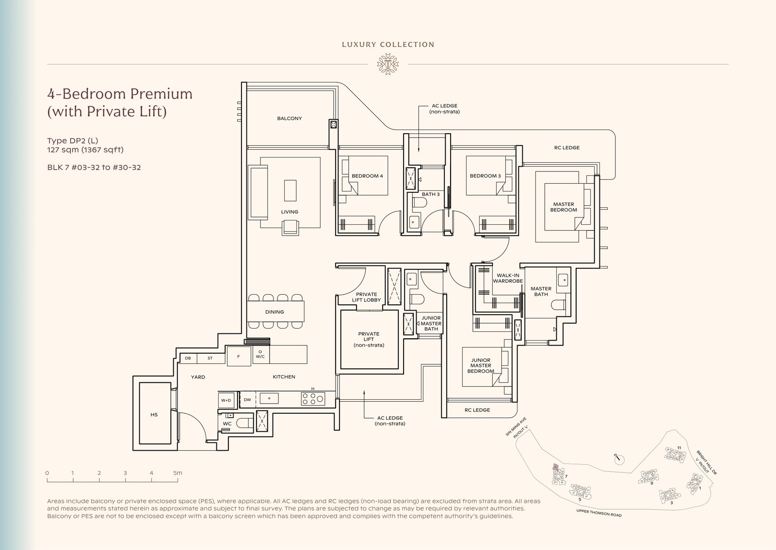 Thomson Reserve 4-Bedroom Premium (with Private Lift) Type DP2 (L) floor plan, 1,367 sq ft (127 sqm), 28 units in Blk 7, Luxury Collection, with key plan