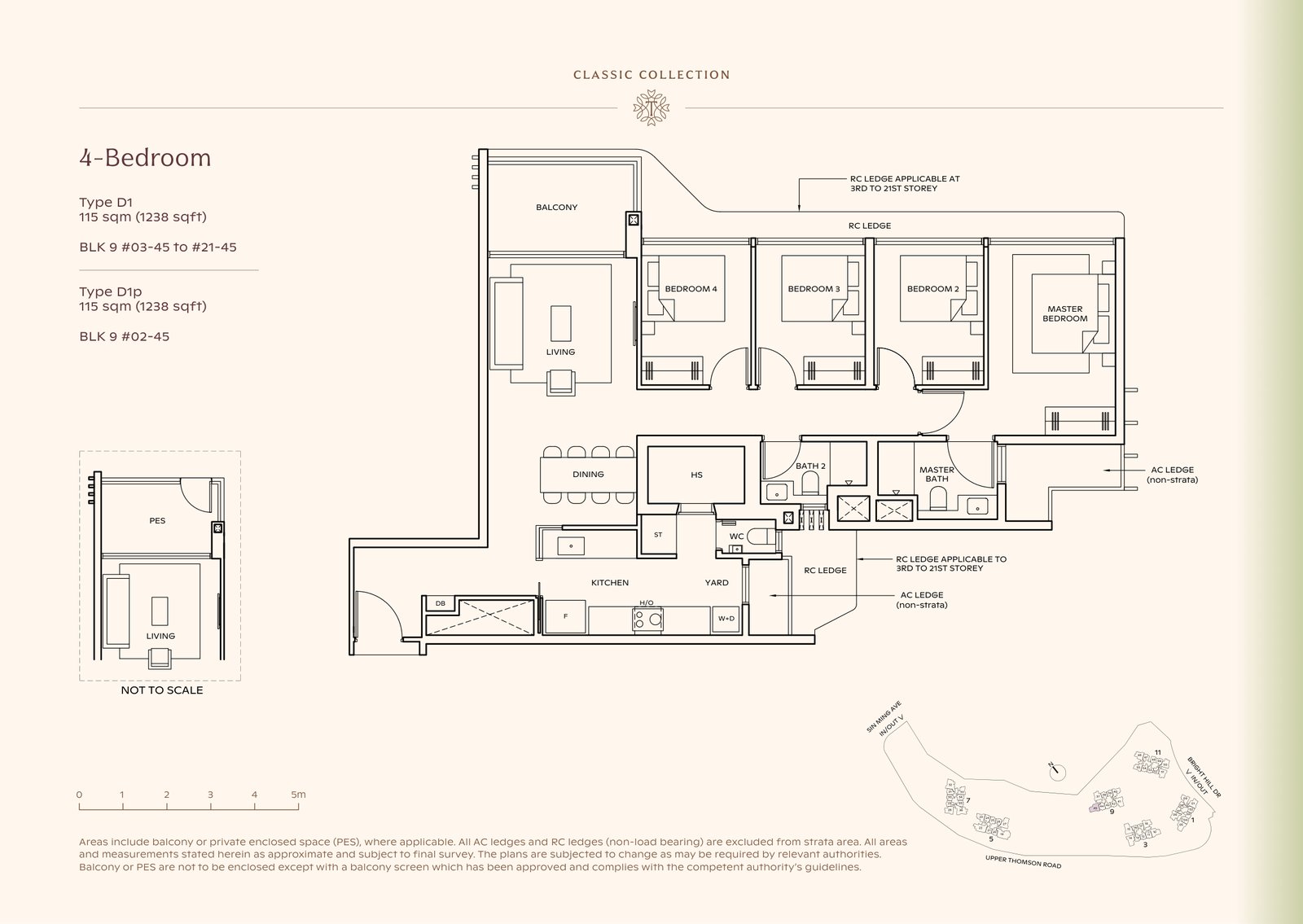 Thomson Reserve 4-Bedroom Type D1 floor plan, 1,238 sq ft (115 sqm), 20 units in Blk 9, Classic Collection, with key plan