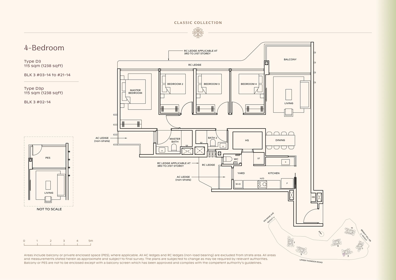 Thomson Reserve 4-Bedroom Type D3 floor plan, 1,238 sq ft (115 sqm), 20 units in Blk 3, Classic Collection, with key plan