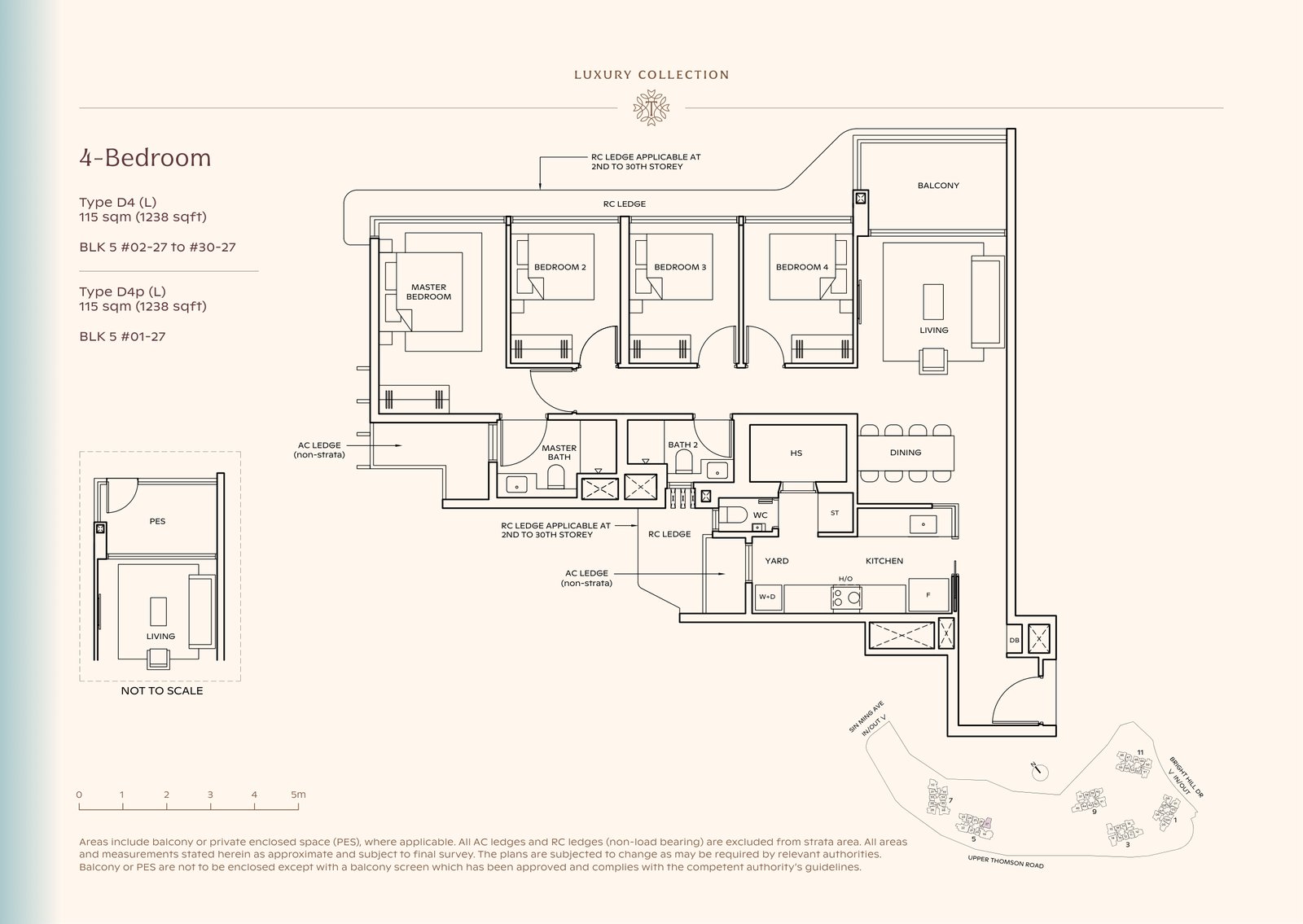 Thomson Reserve 4-Bedroom Type D4 (L) floor plan, 1,238 sq ft (115 sqm), 30 units in Blk 5, Luxury Collection, with key plan